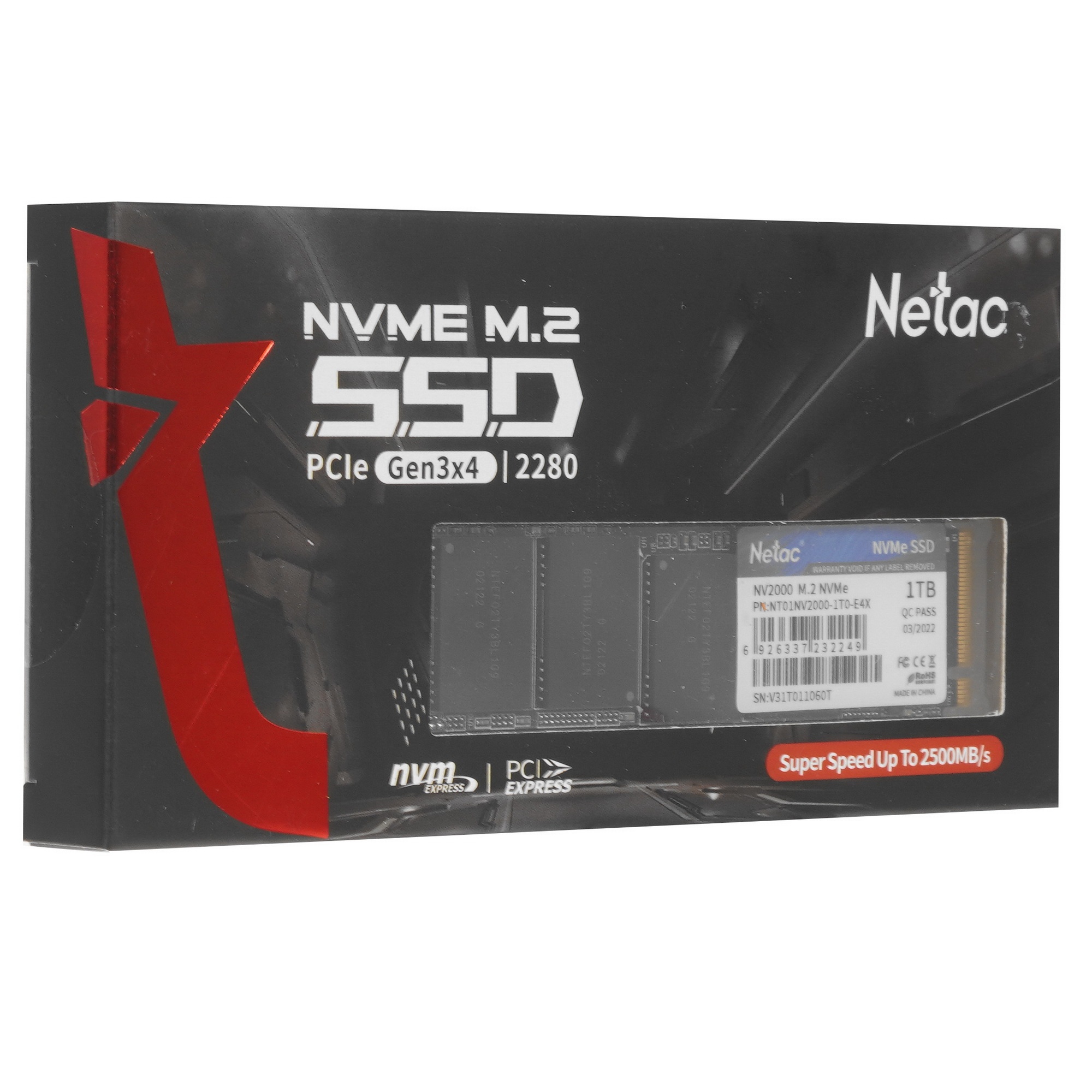 Накопитель SSD Netac NV2000, 1TB, PCIe 3.0 x4, M.2 2280, NVMe, R/W 2500/2100