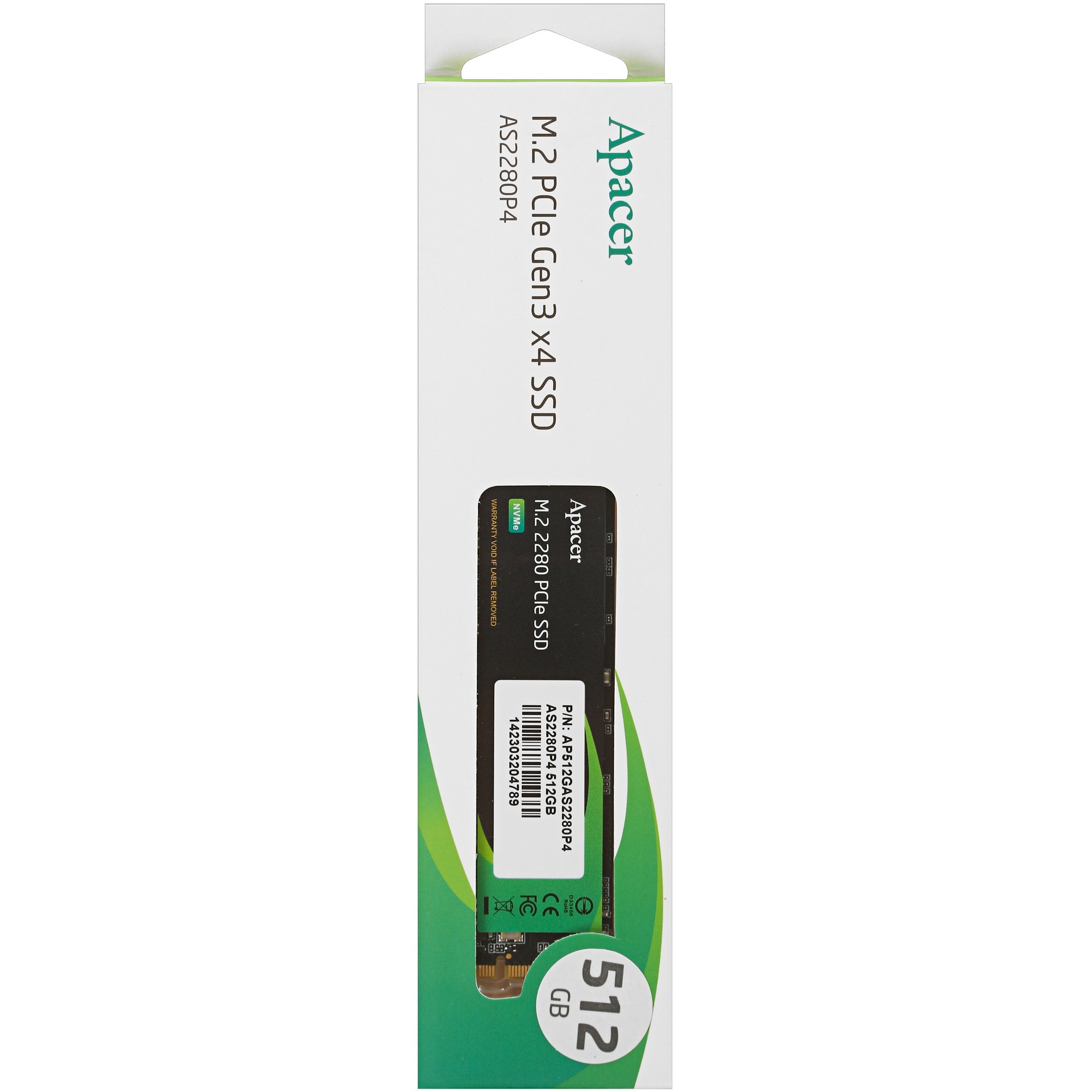 Накопитель SSD Apacer AS2280P4, 512Gb, M.2 2280, PCIe 3.0 x4, NVMe, R/W 2100/1500