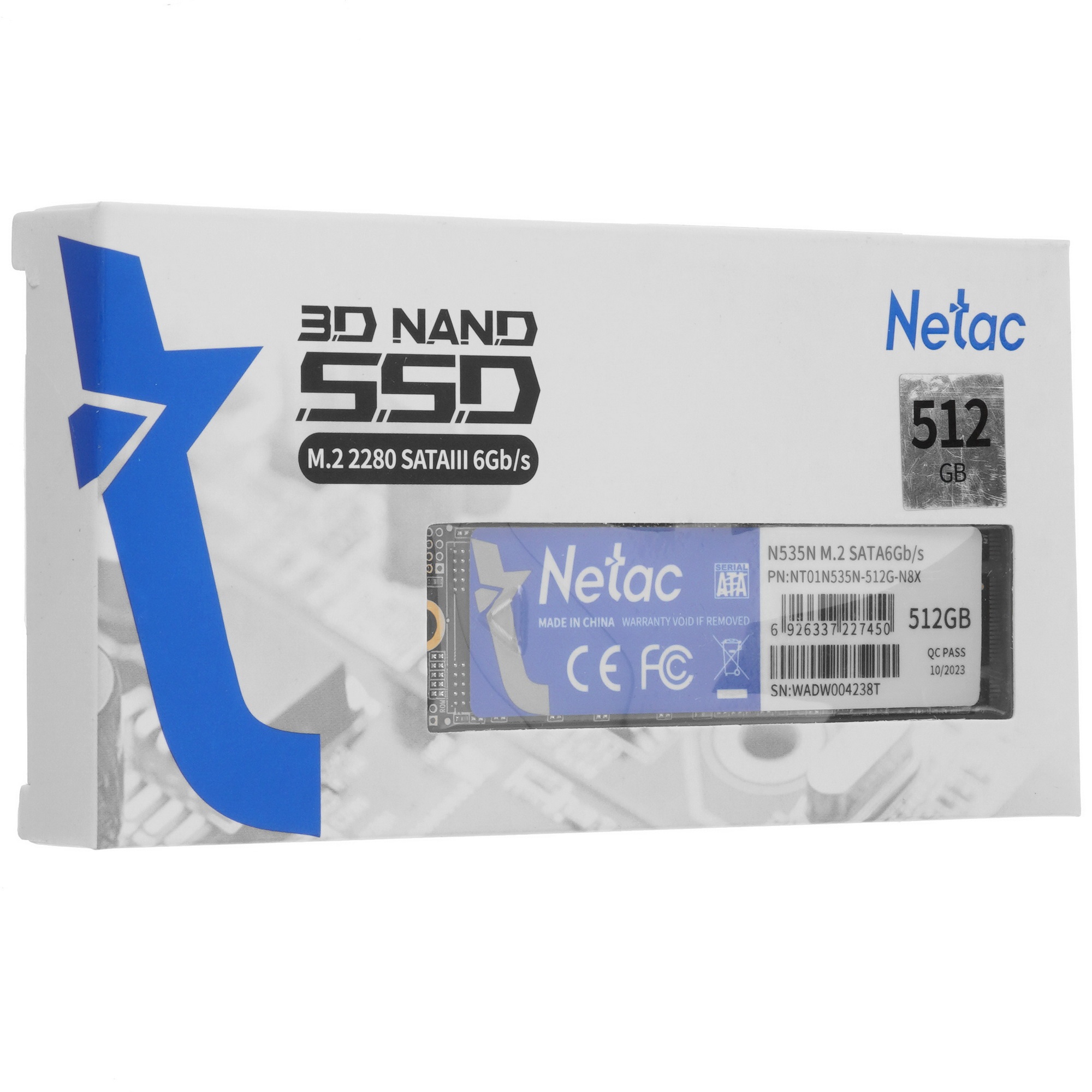 Накопитель SSD Netac N535N, 512GB, M.2 2280, SATA-III, R/W 540/490
