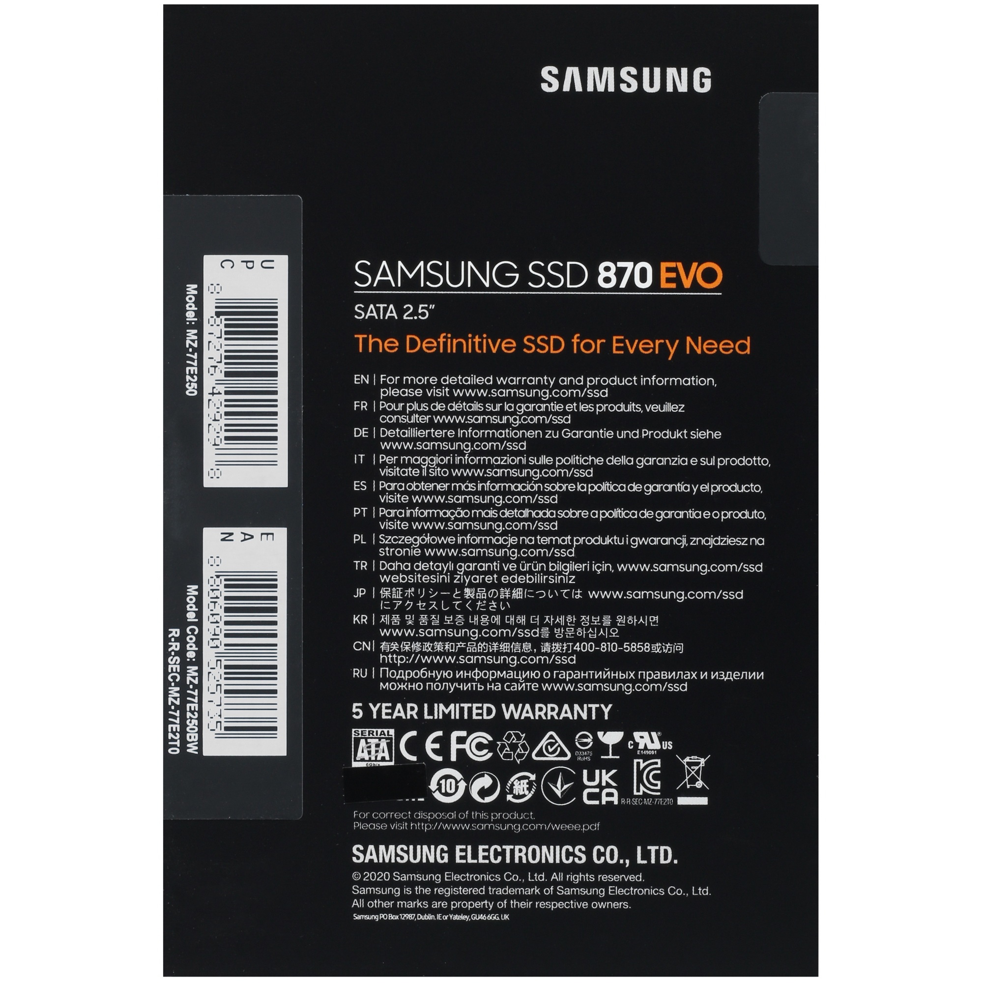 Накопитель SSD Samsung 870 EVO, 250GB, SATA III, 2.5", R/W 560/530