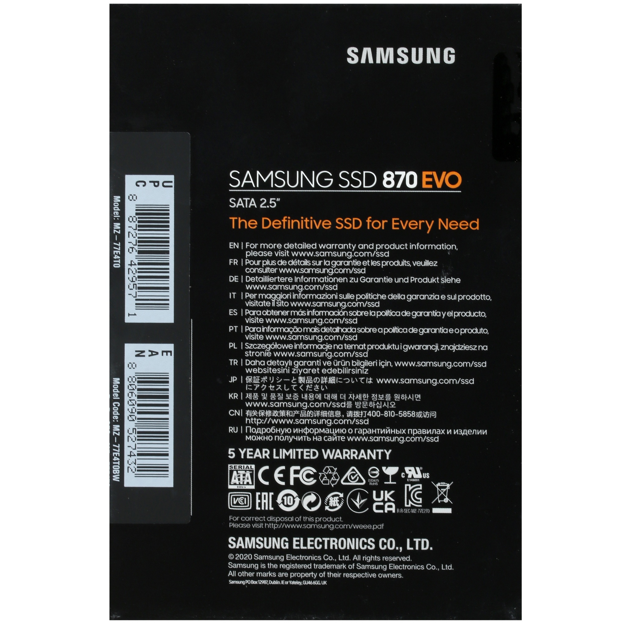 Накопитель SSD Samsung 4TB 870 EVO, V-NAND, 2.5", SATA III, [R/W - 530/560 MB/s]