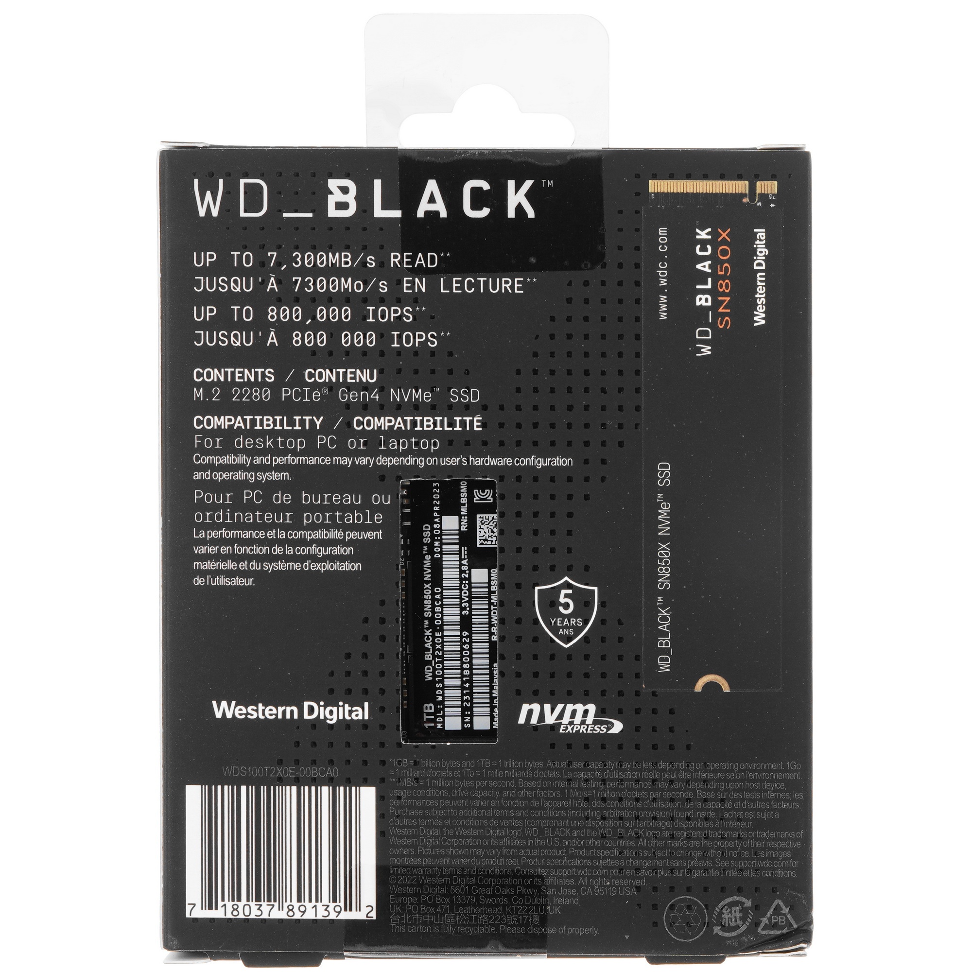 Накопитель SSD WD 1Tb Black SN850X, M.2(22x80mm), NVMe, PCIe 4.0 x4, 3D TLC, R/W 7300/6300MB/s, IOPs