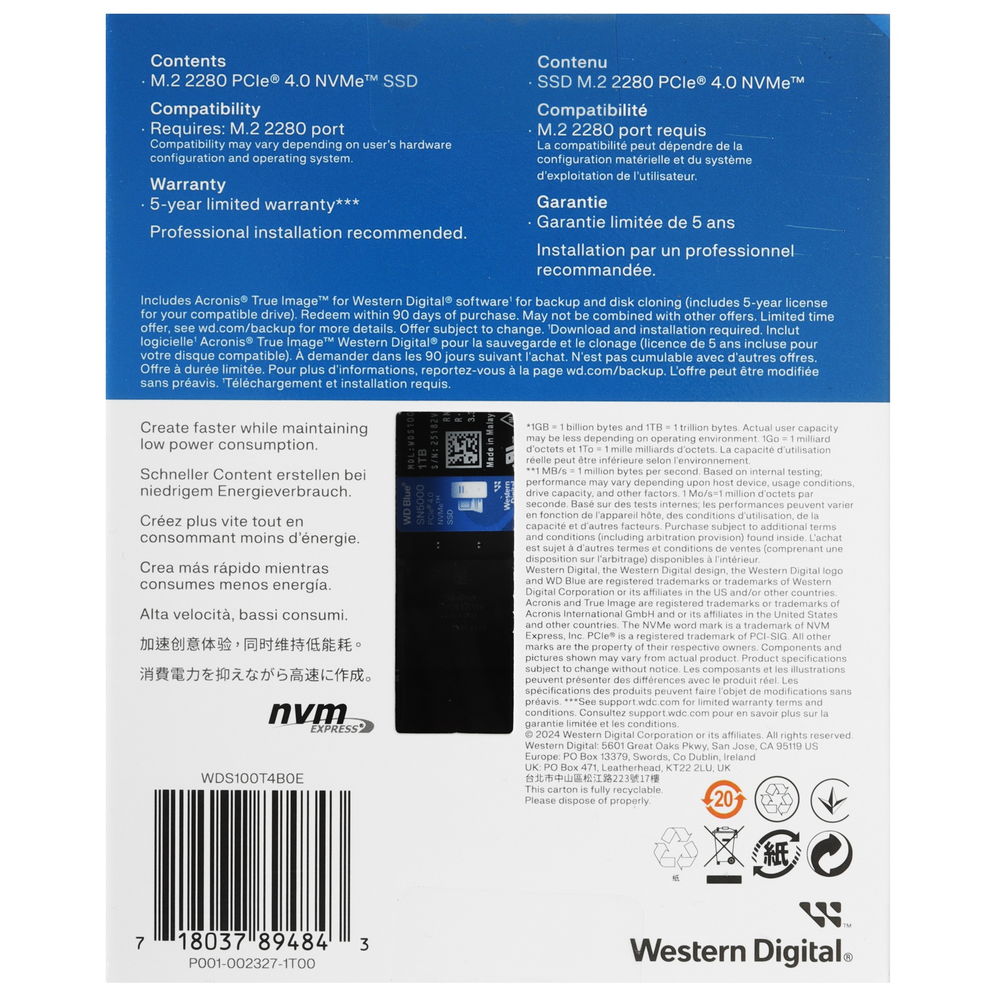 Накопитель SSD Western Digital WD Blue SN5000, 1Tb, PCIe 4.0 x4, M.2 2280, NVMe, R/W 5150/4900