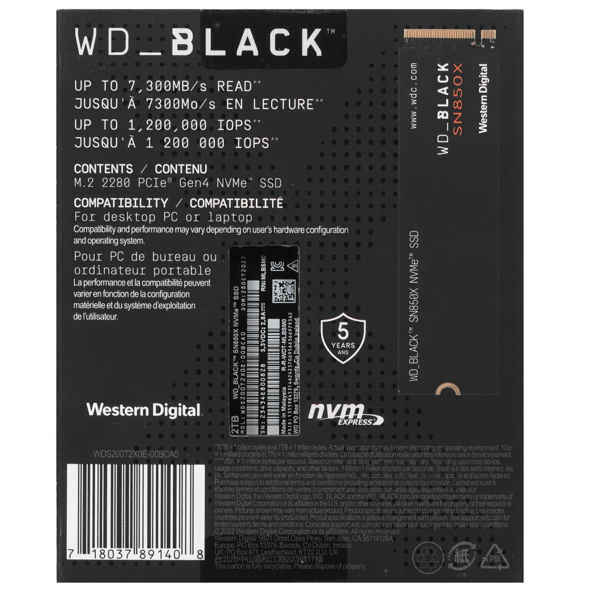 Накопитель WD SSD 2Tb Black SN850X, M.2(22x80mm), NVMe, PCIe 4.0 x4, 3D TLC, R/W 7300/6600MB/s, IOPs