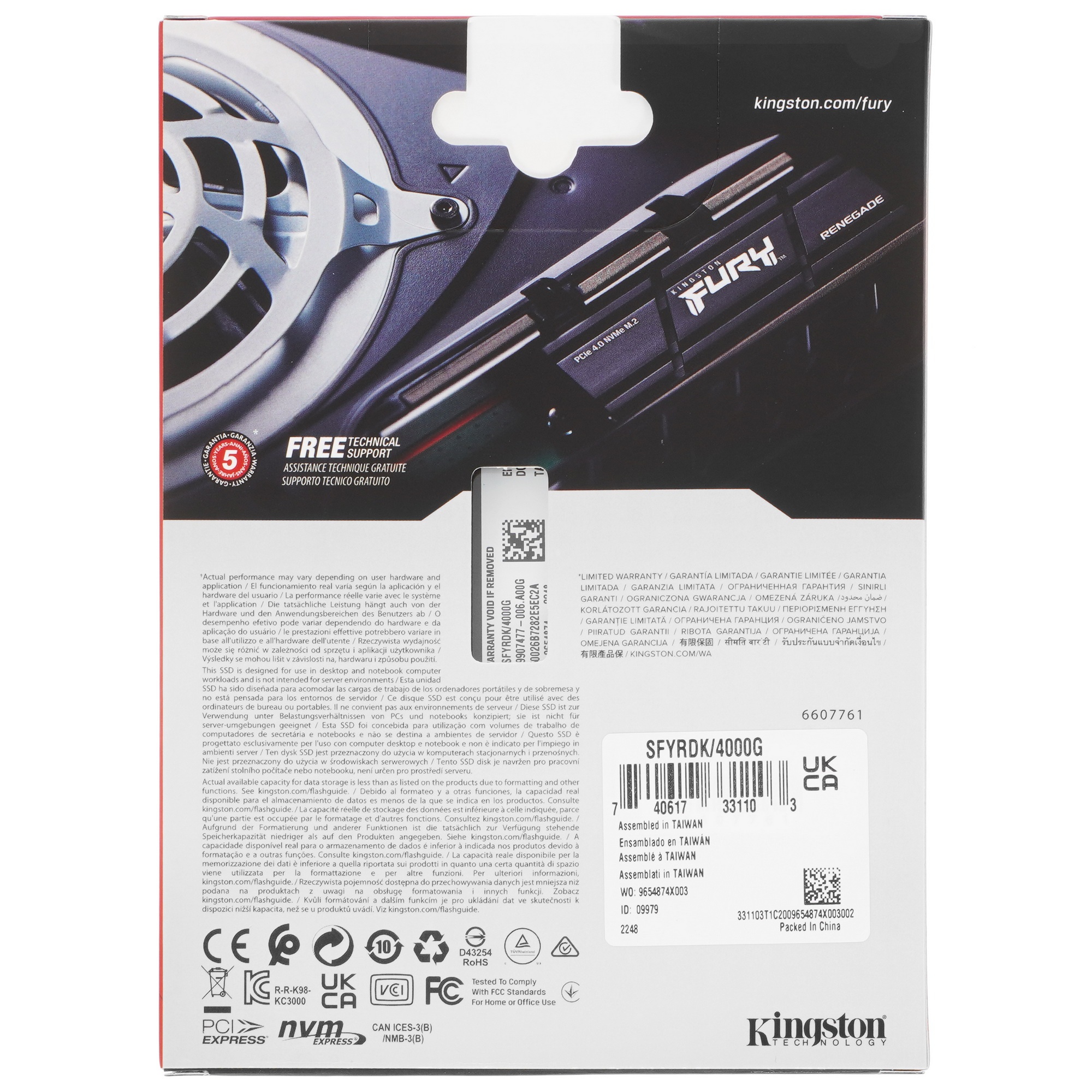 Накопитель SSD Kingston Fury Renegade, 4Tb, PCIe 4.0 x4, M.2 2280, NVMe, R/W 7300/7000, с радиатором