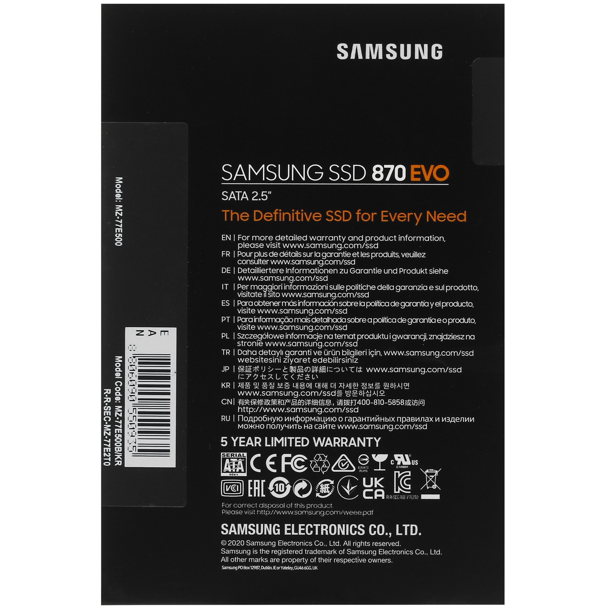 SSD SAMSUNG 870 EVO 500Гб Наличие SATA 3.0 3D NAND Скорость записи 530 Мб/сек. Скорость чтения 560 М