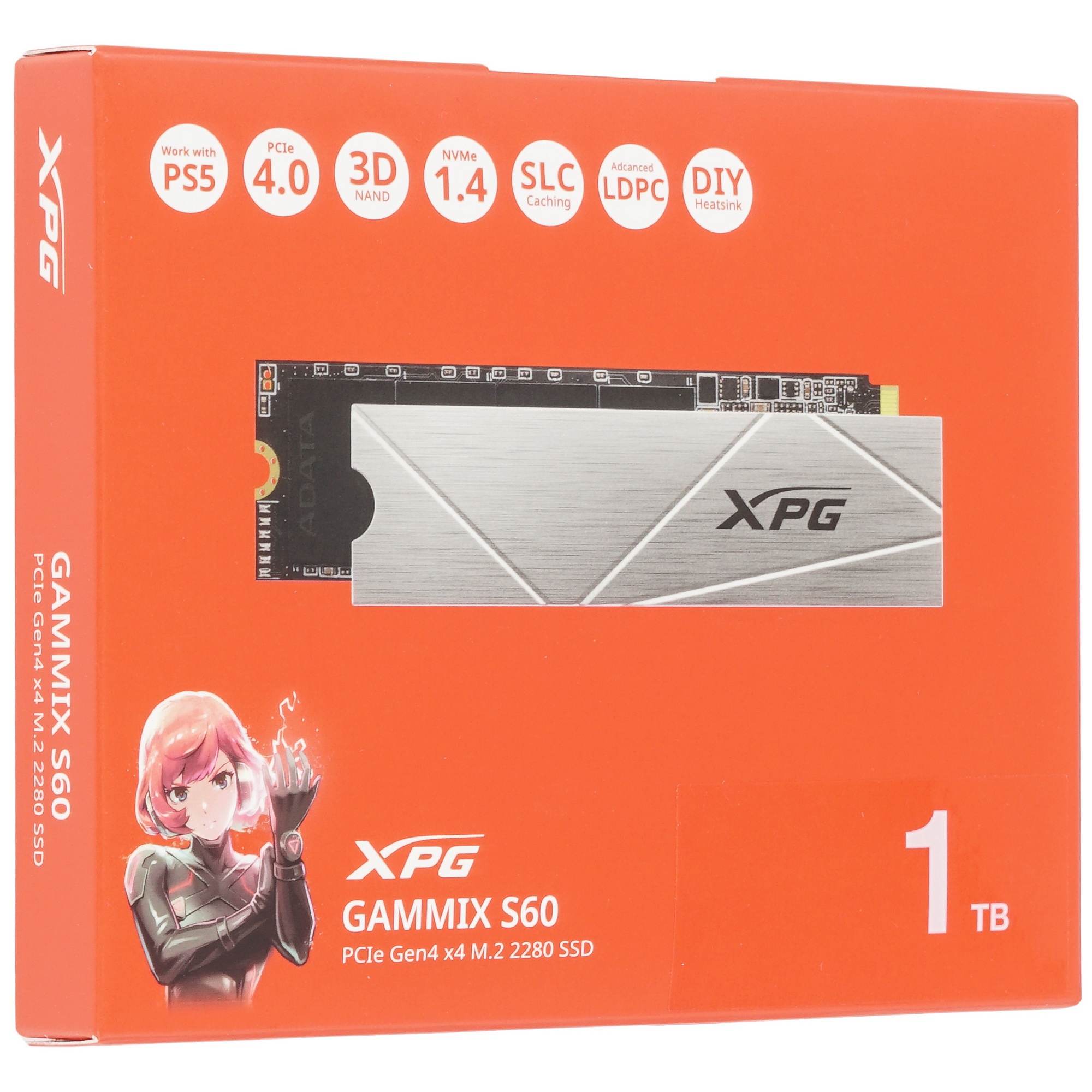 Накопитель SSD ADATA XPG GAMMIX S60, 1Tb, PCIe 4.0 x4, M.2 2280, NVMe, R/W 5000/3200, с радиатором
