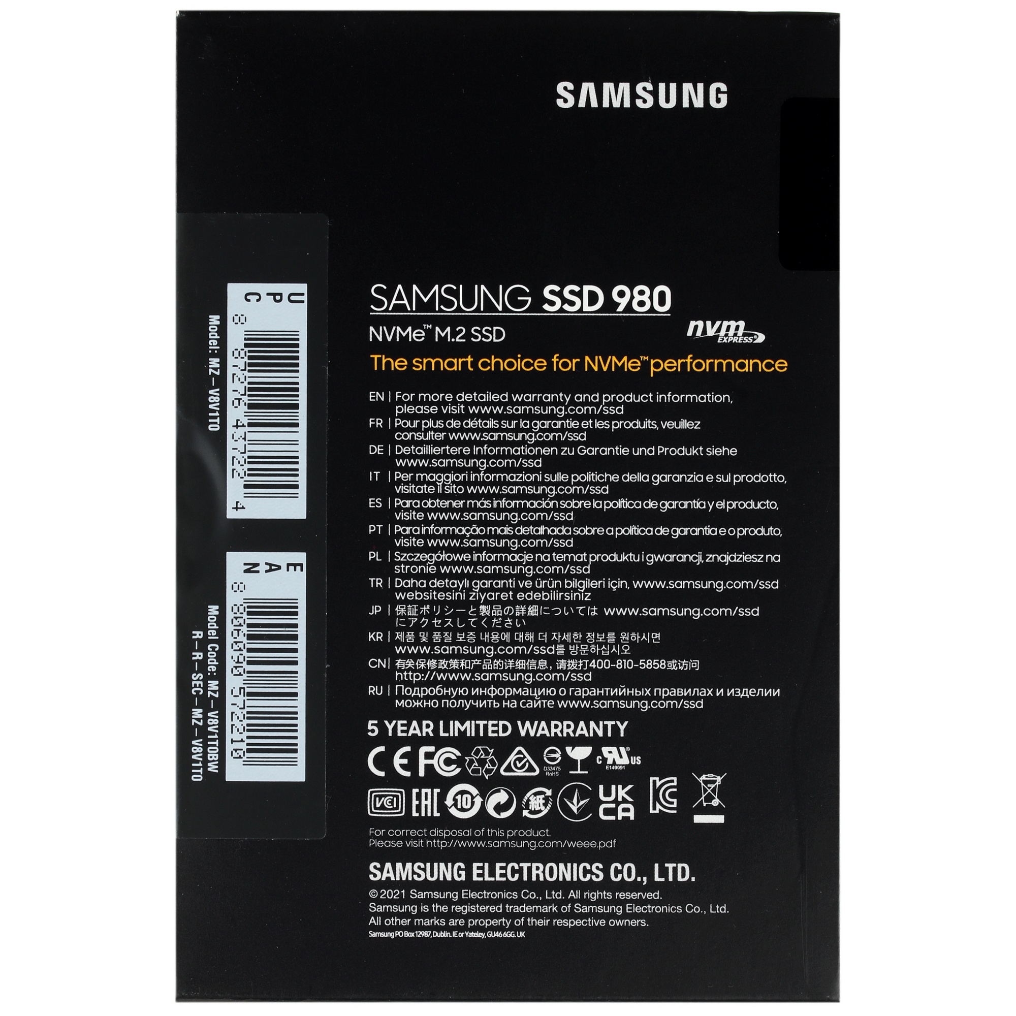 Накопитель SSD Samsung 980, 1000GB, PCIe 3.0 x4, M.2 2280, NVMe, R/W 3500/3000