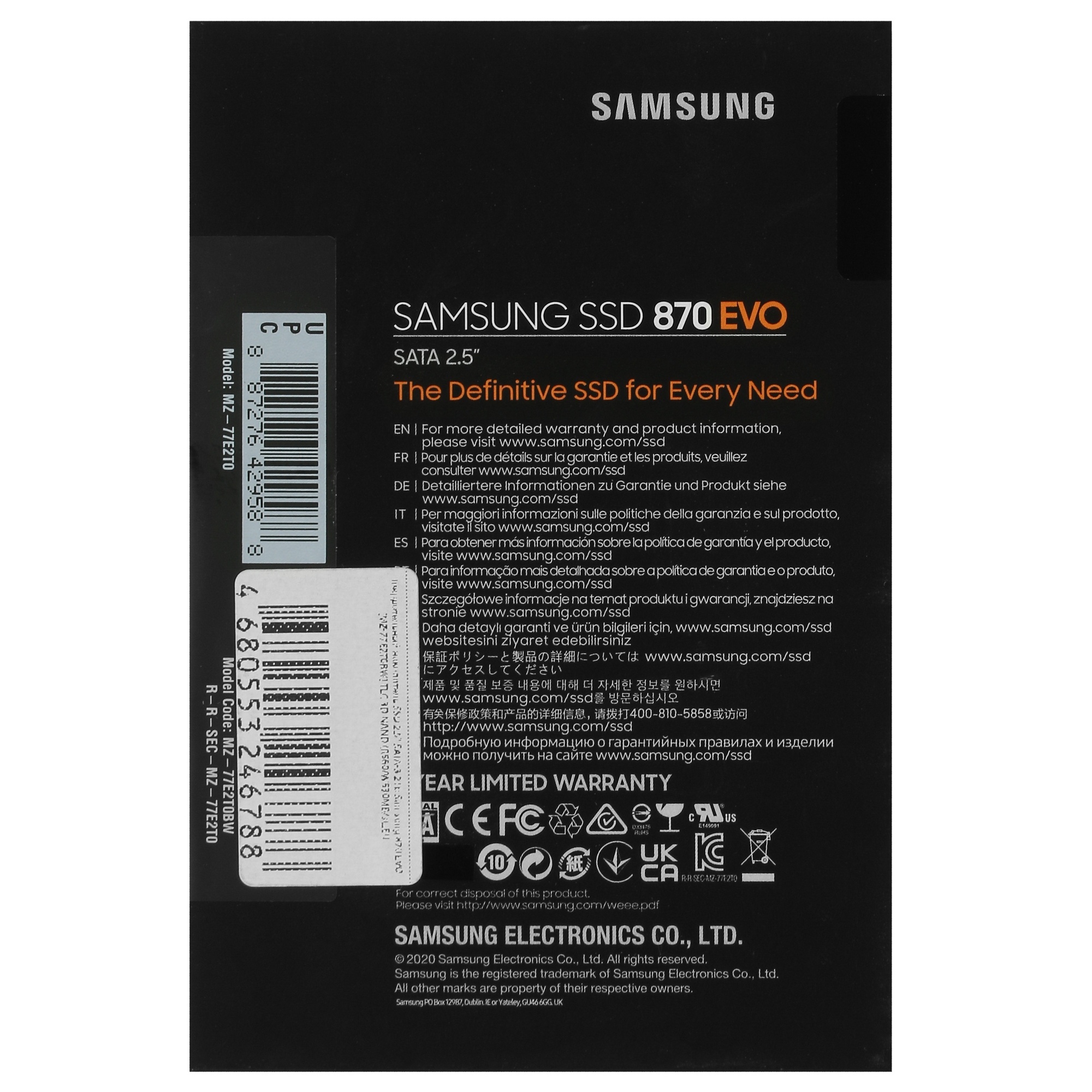 Накопитель SSD Samsung 870 EVO, 2TB, SATA III, 2.5", R/W 560/530