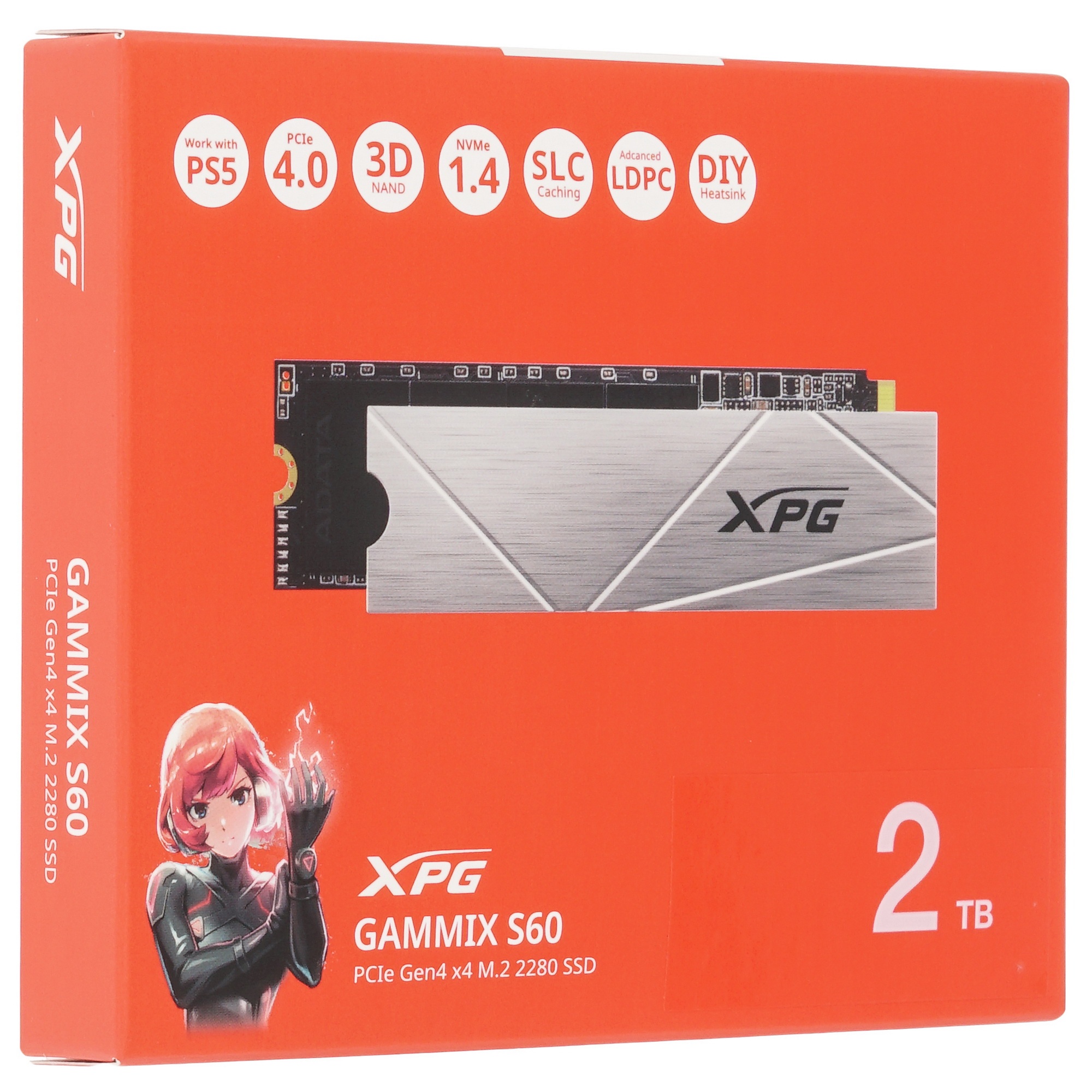Накопитель SSD ADATA XPG GAMMIX S60, 2Tb, PCIe 4.0 x4, M.2 2280, NVMe, R/W 5000/4200, с радиатором