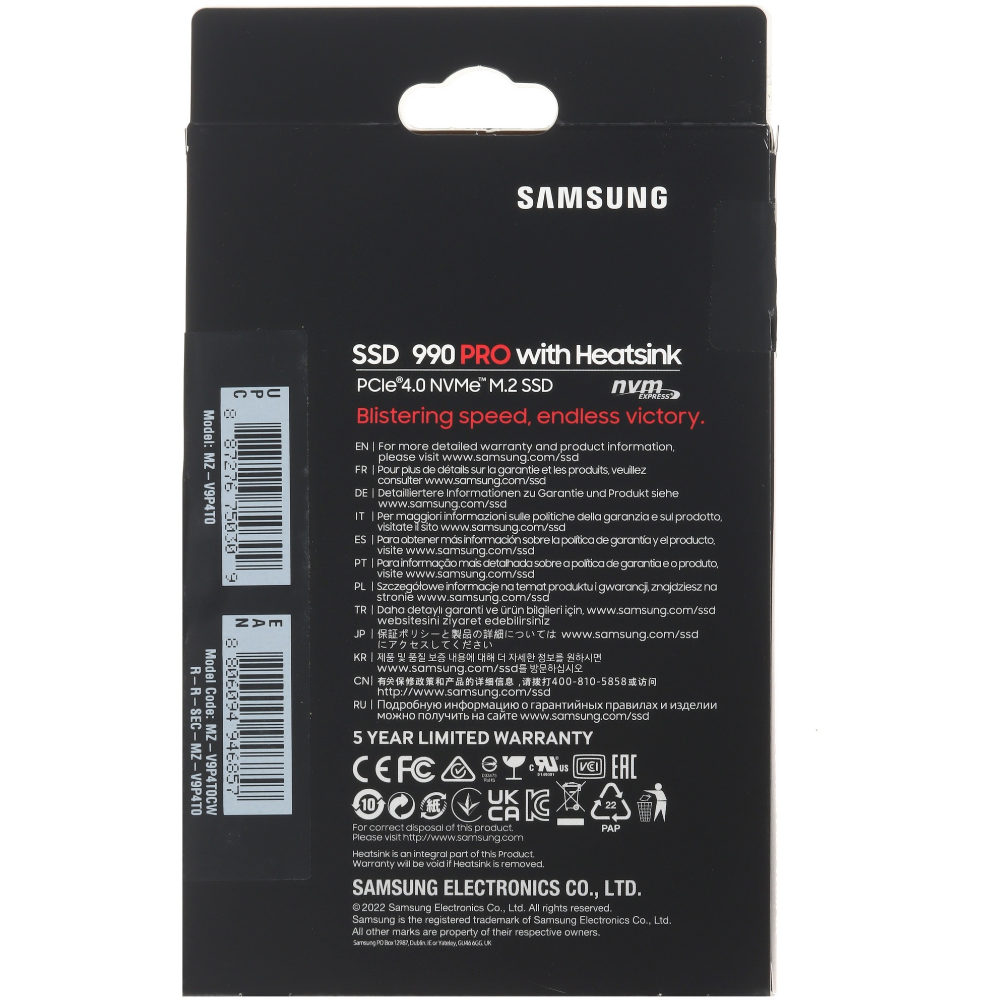 Накопитель SSD Samsung 990 Pro MZ-V9P4T0CW, 4Tb, PCIe 4.0 x4, M.2 2280, NVMe, R/W 7450/6900, с радиа