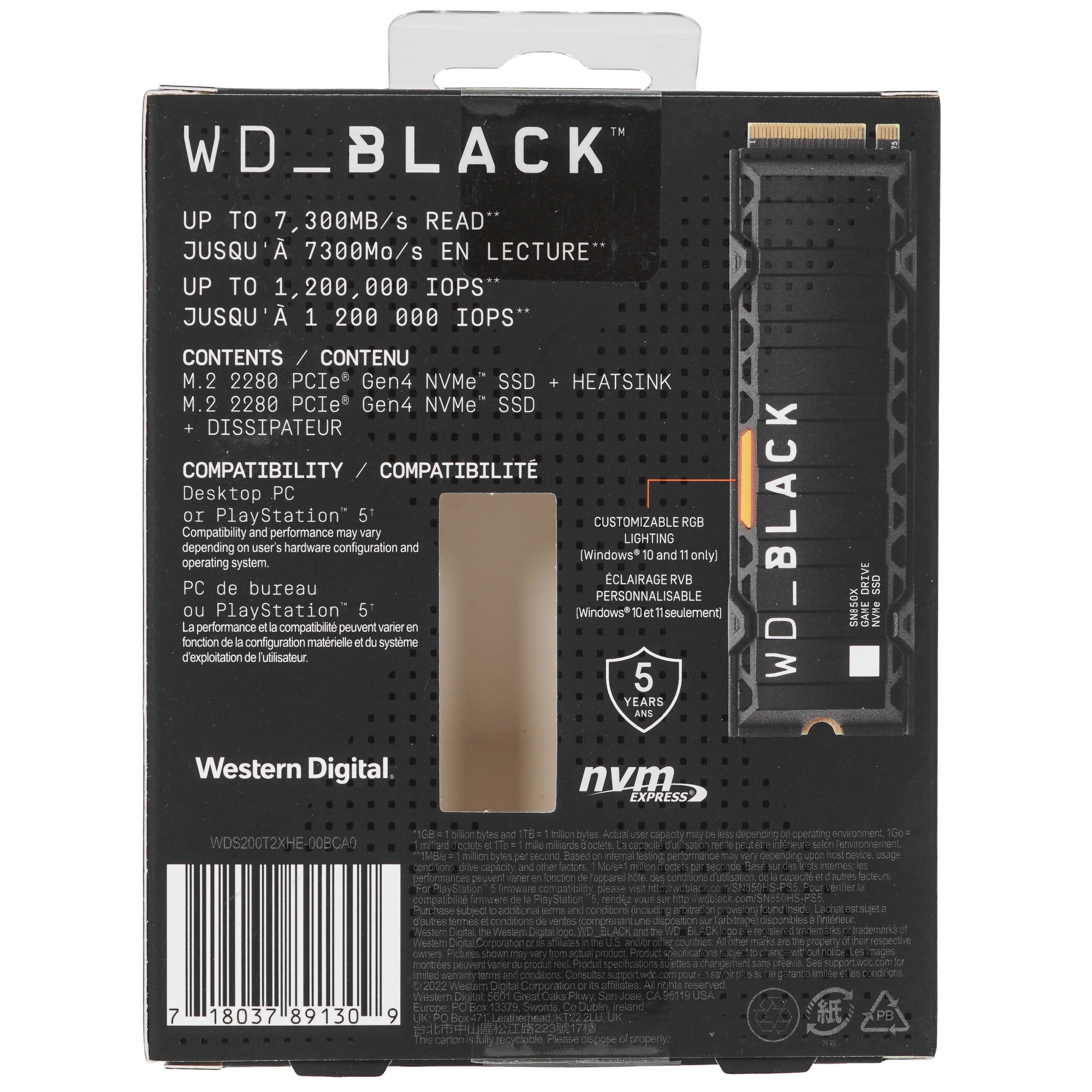 Накопитель SSD WD 2Tb Black SN850X, M.2(22x80mm), NVMe, PCIe 4.0 x4, 3D TLC, R/W 7300/6600MB/s, IOPs
