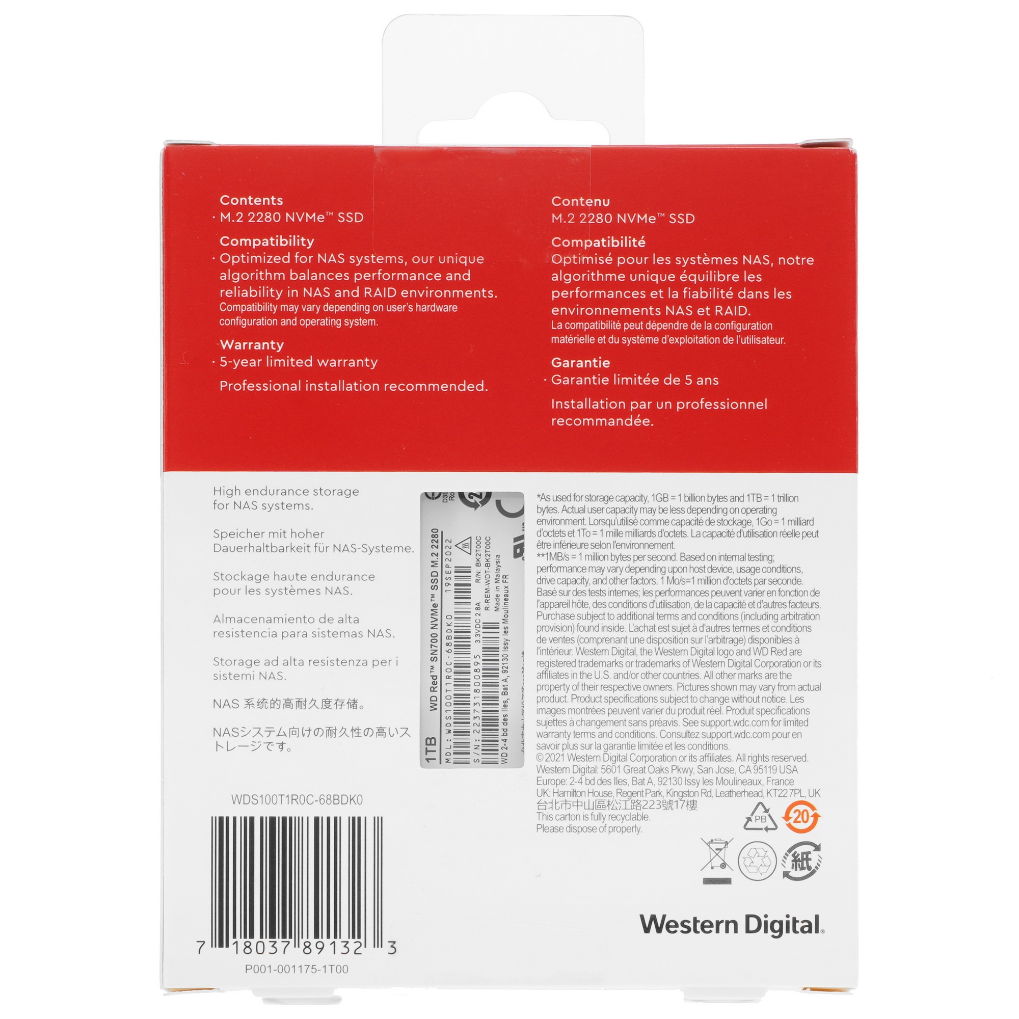 Накопитель SSD WD Red SN700, 1TB, PCIe 3.0 x4, M.2 2280, NVMe, R/W 3430/3000