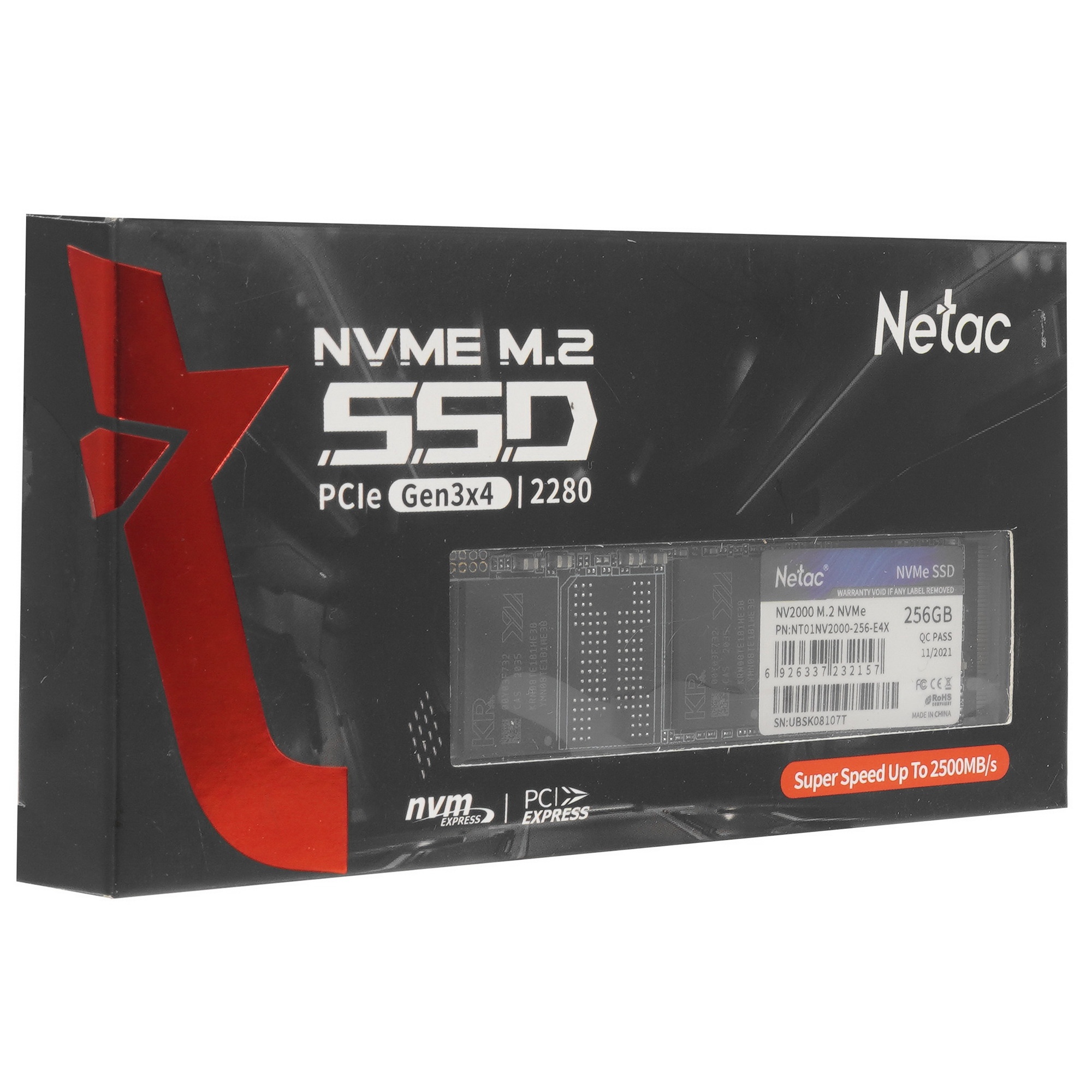 Накопитель SSD Netac NV2000, 256GB, PCIe 3.0 x4, M.2 2280, NVMe, R/W 2500/1000