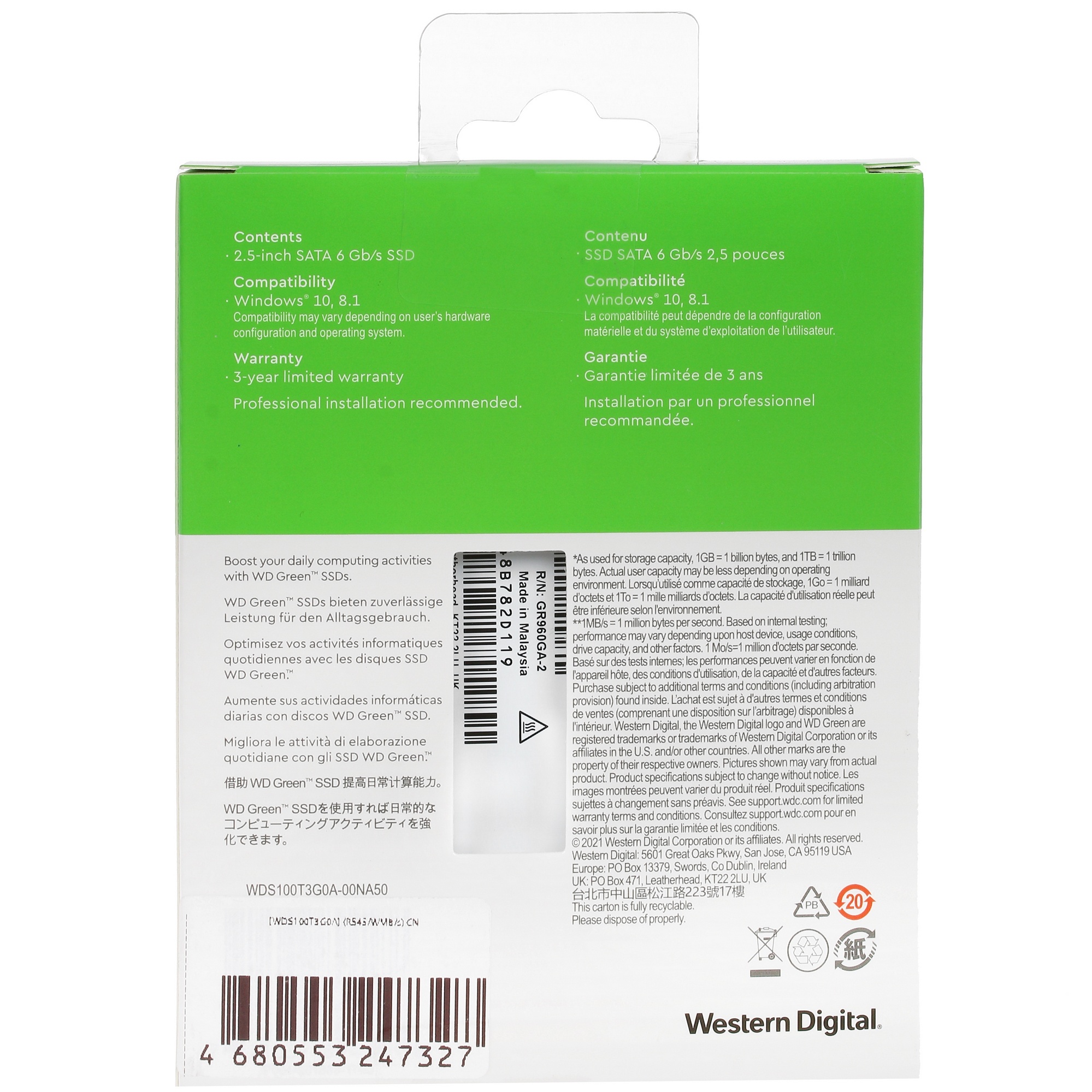 Накопитель SSD WD Green WDS100T3G0A, 1000GB, SATA III, 2.5", R/W 545/385
