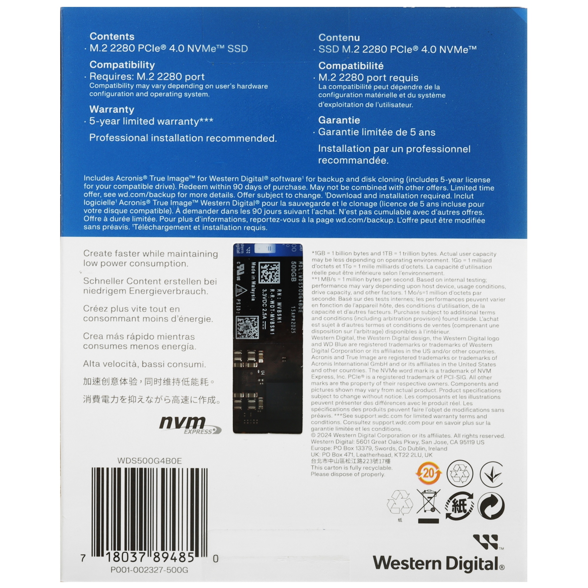 Накопитель SSD WD Blue SN5000, 500Gb, PCIe 4.0 x4, M.2 2280, NVMe, R/W 5000/4000