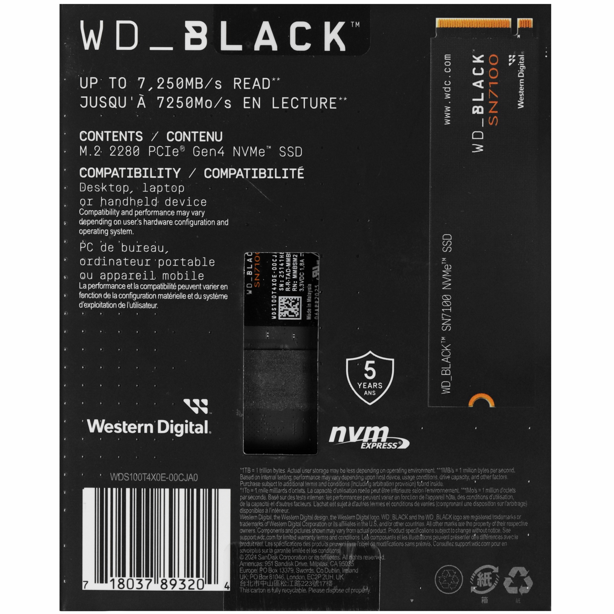 Твердотельный диск 1TB WD Black SN7100 , M.2 2280, PCI-E 3x4, [R/W - 7250/6900 MB/s] 3D-NAND TLC