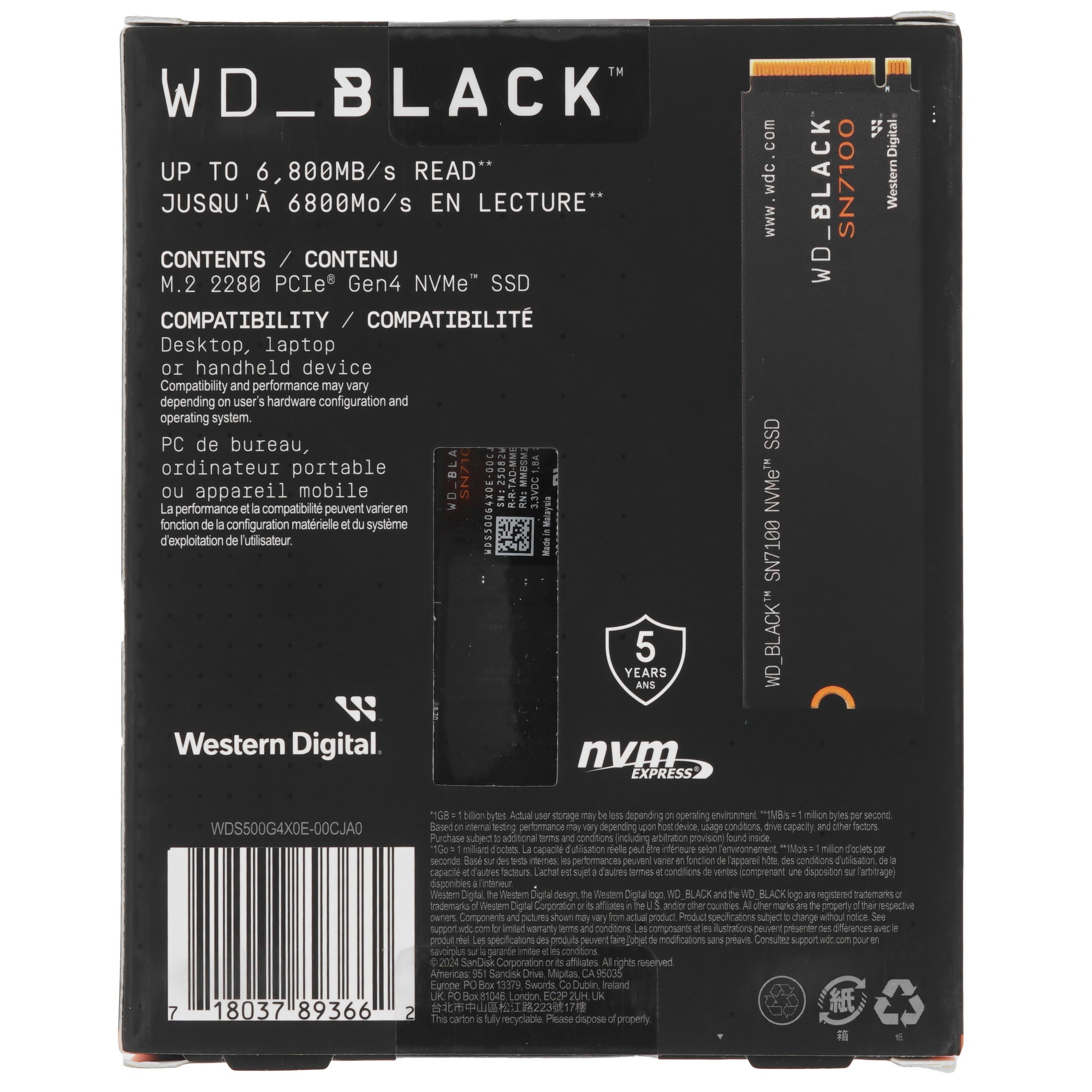 Твердотельный накопитель Western Digital Black SSD SN7100 M2.2280 PCIe 4.0 500Gb, 6800MBs/5000MBs, T