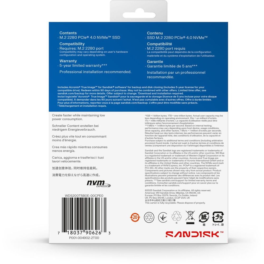 Твердотельный диск 2TB WD Blue SN5100, NVMe, M.2 2280, PCI-E 4x4 R/W - 6700/7100 MB/s
