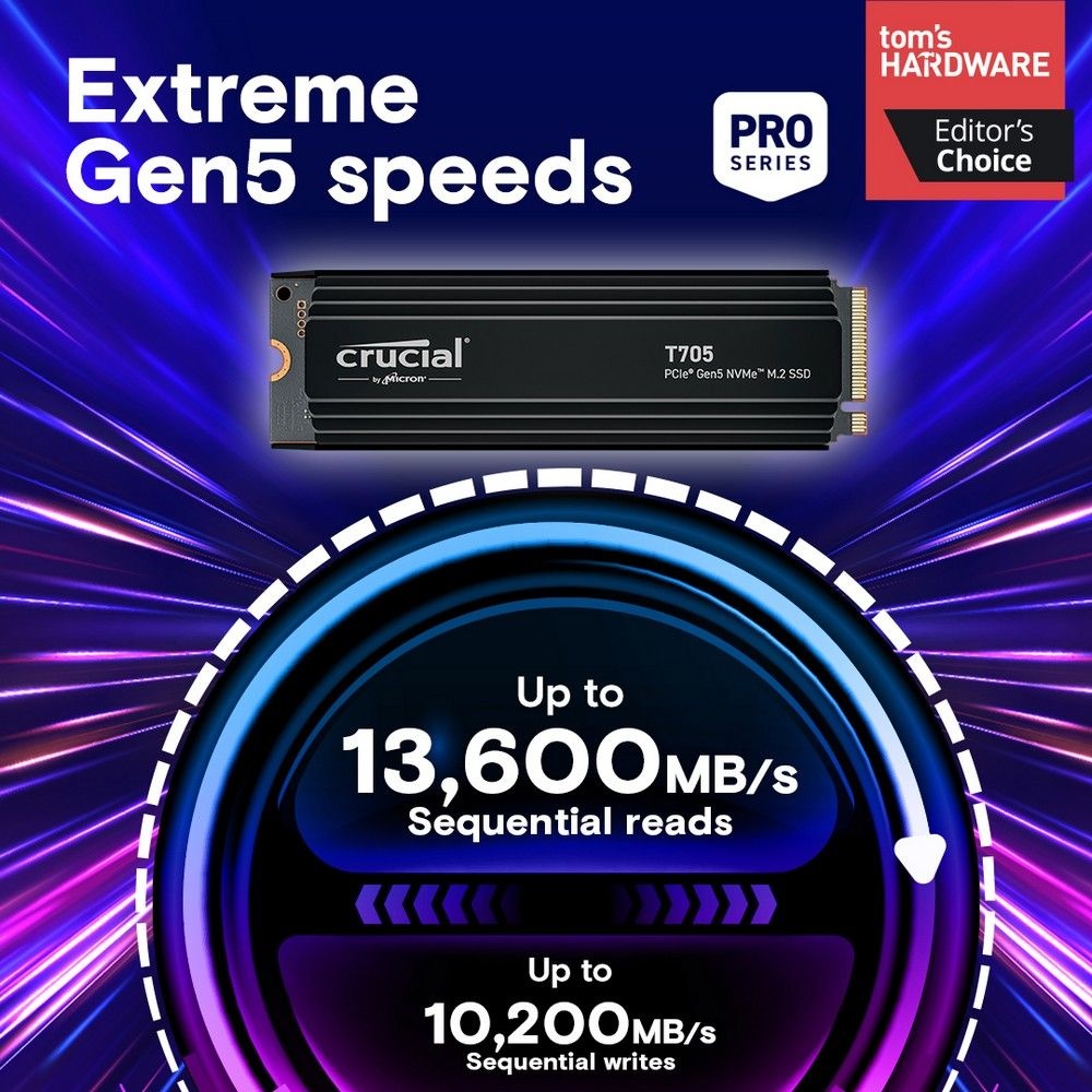 Твердотельный накопитель SSD Crucial T705 1TB PCIe Gen5 NVMe M.2 SSD with heatsink CT1000T705SSD5