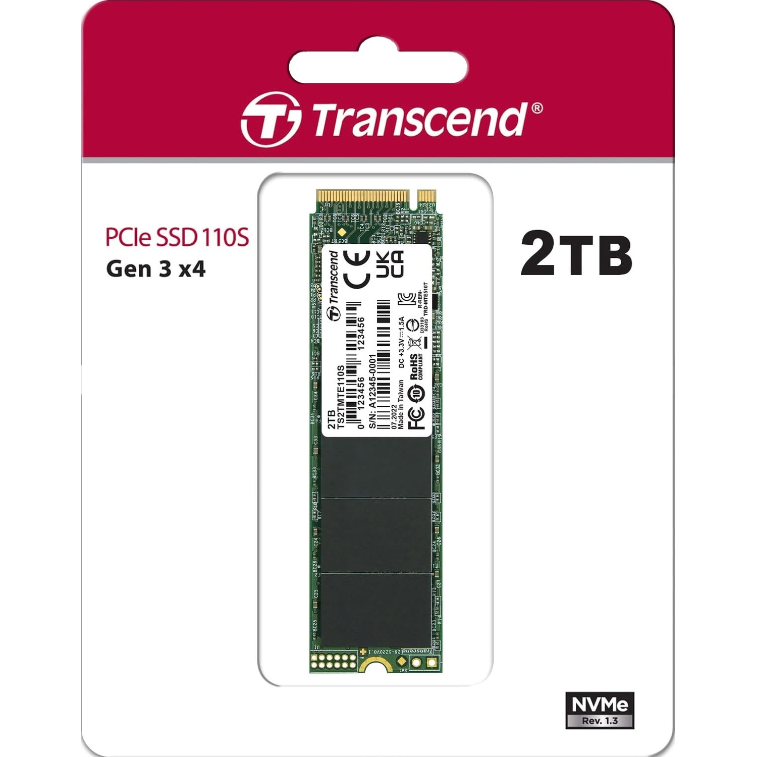 Накопитель SSD Transcend SSD MTE110S, 2048GB, M.2(22x80мм), NVMe, PCIe 3.0 x4, 3D TLC, R/W 2500/1700