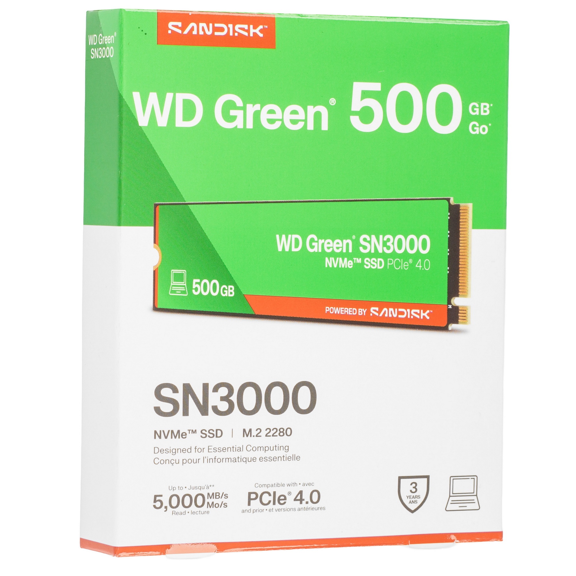 Накопитель SSD WD Green SN3000, 500Gb, PCIe 4.0 x4, M.2 2280, NVMe, R/W 5000/4100