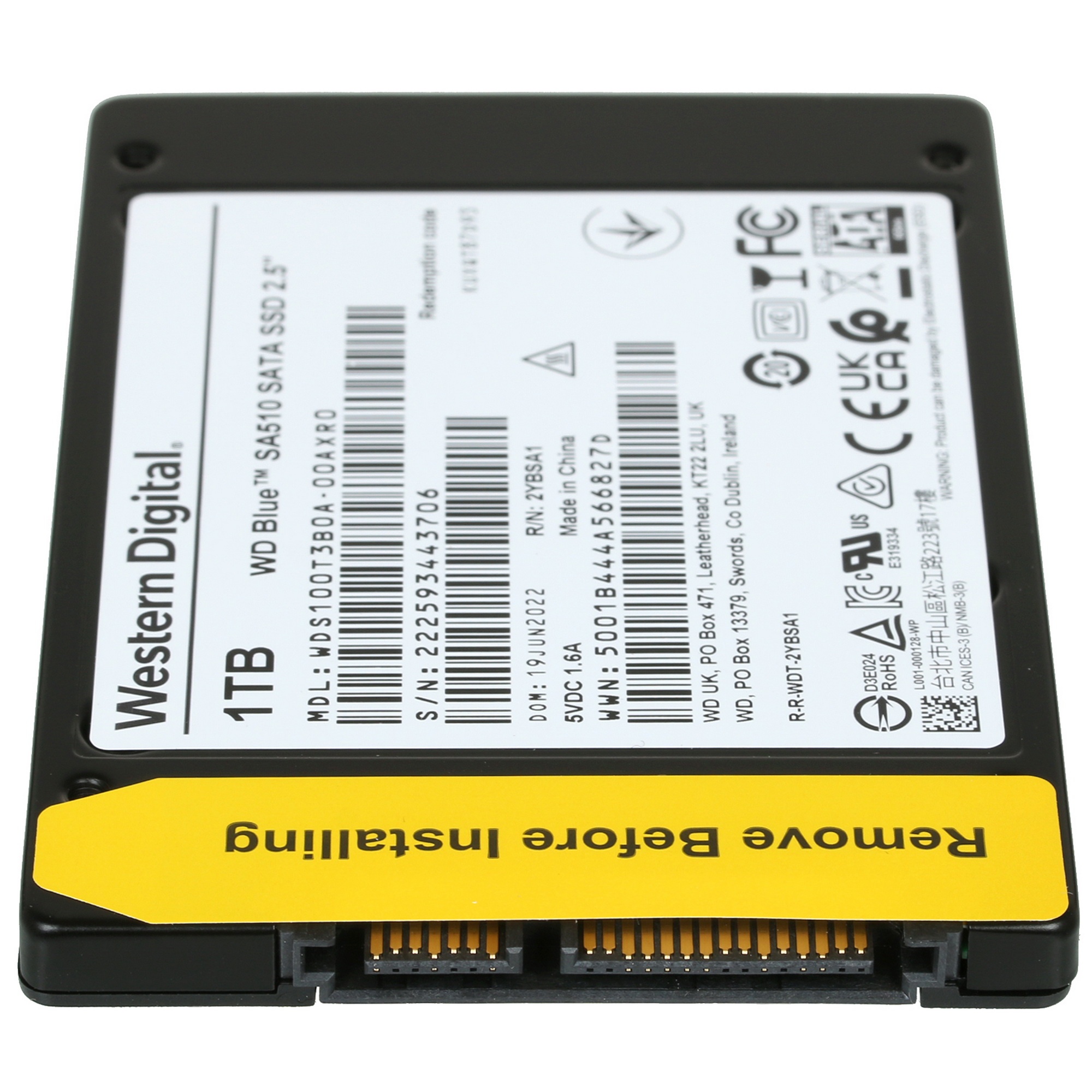 Накопитель SSD WD Blue SA510 WDS100T3B0A, 1Tb, SATA III, 2.5", R/W 560/520