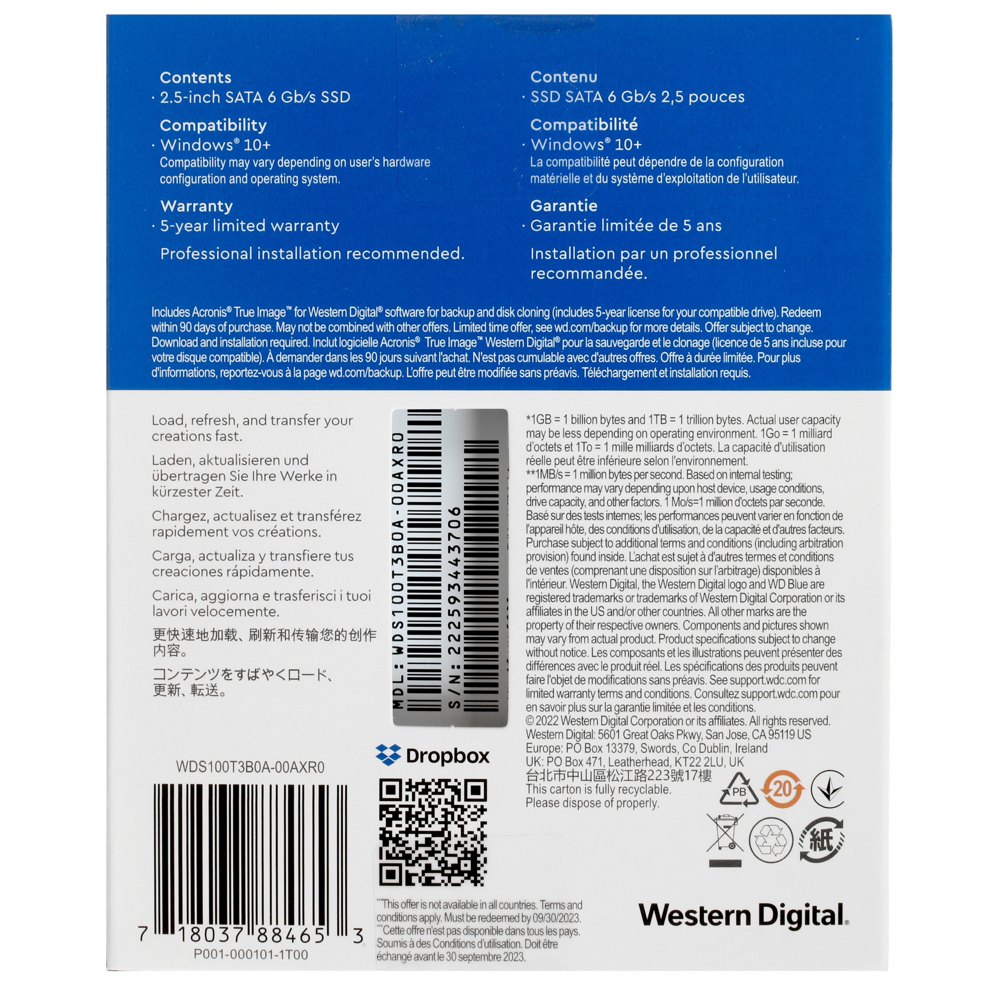 Накопитель SSD WD Blue SA510 WDS100T3B0A, 1Tb, SATA III, 2.5", R/W 560/520