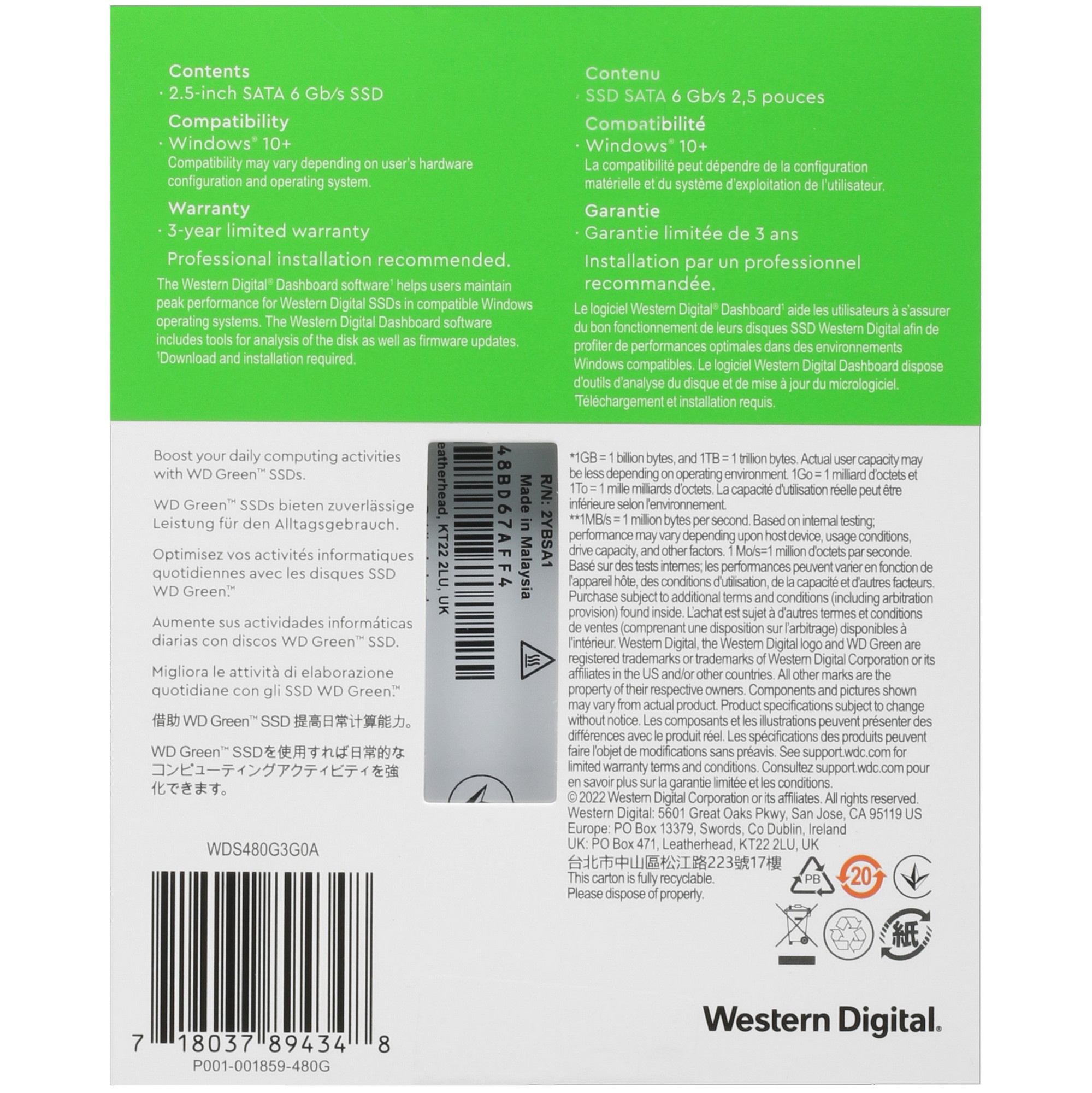 Накопитель SSD WD Green WDS480G3G0A, 480GB, SATA III, 2.5", R/W 545/545