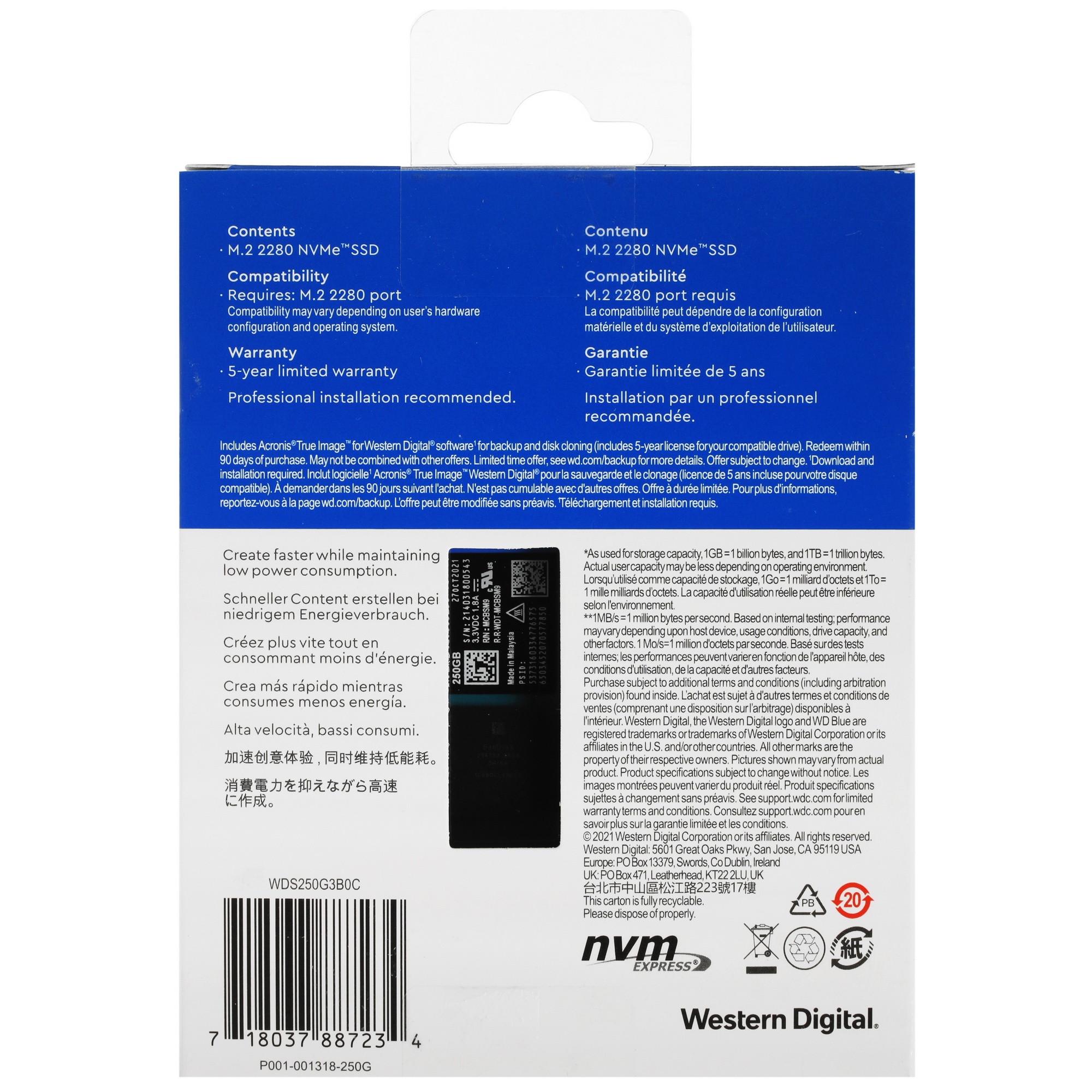 Накопитель SSD WD Blue SN570 WDS250G3B0C, 250Gb, PCIe 3.0 x4, M.2 2280, NVMe, R/W 3300/1200