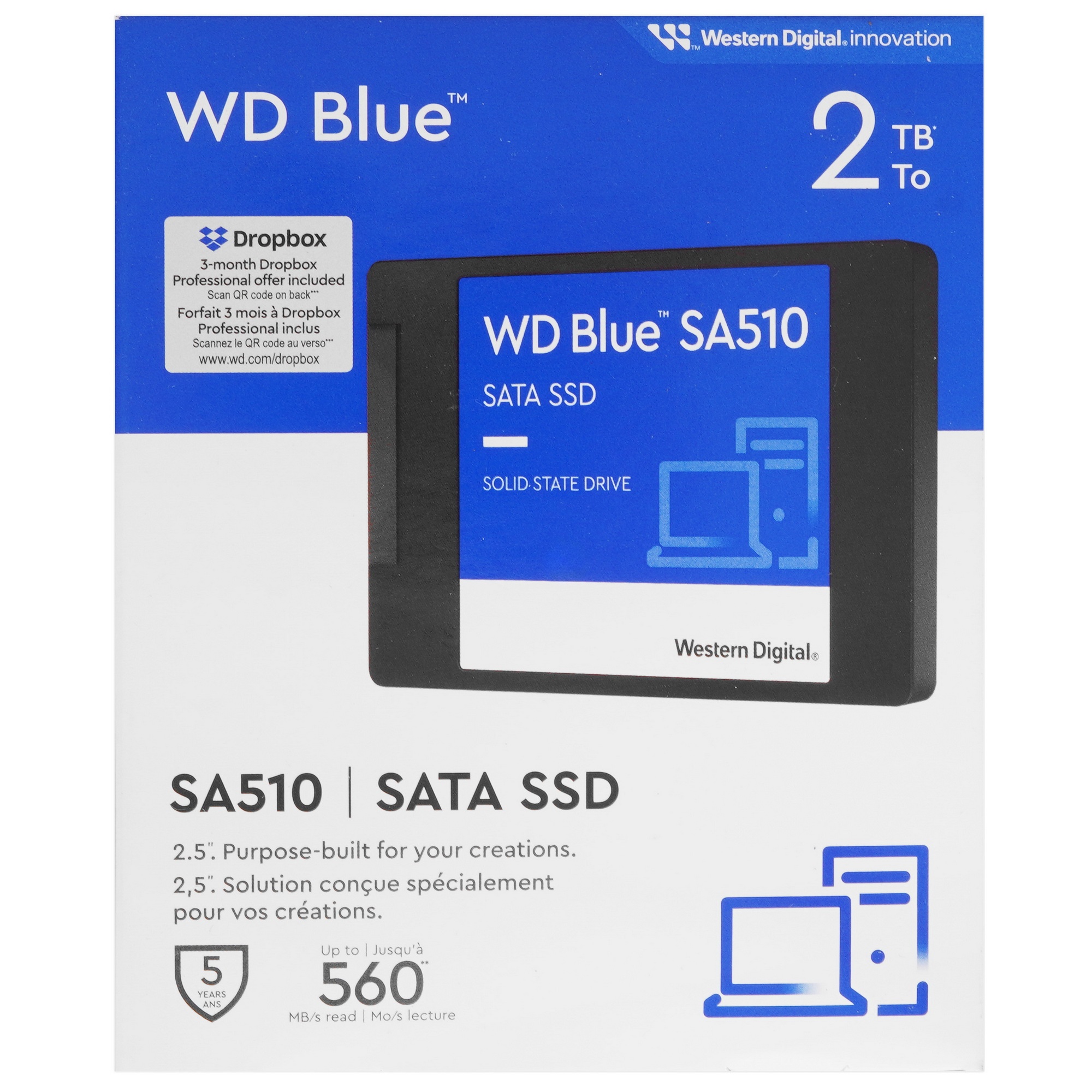 Накопитель SSD WD 2Tb Blue Client SATA 2.5" 6Gb/s, 560/530, IOPS 95/84K, MTBF 1,75M, 3D NAND TLC, 50