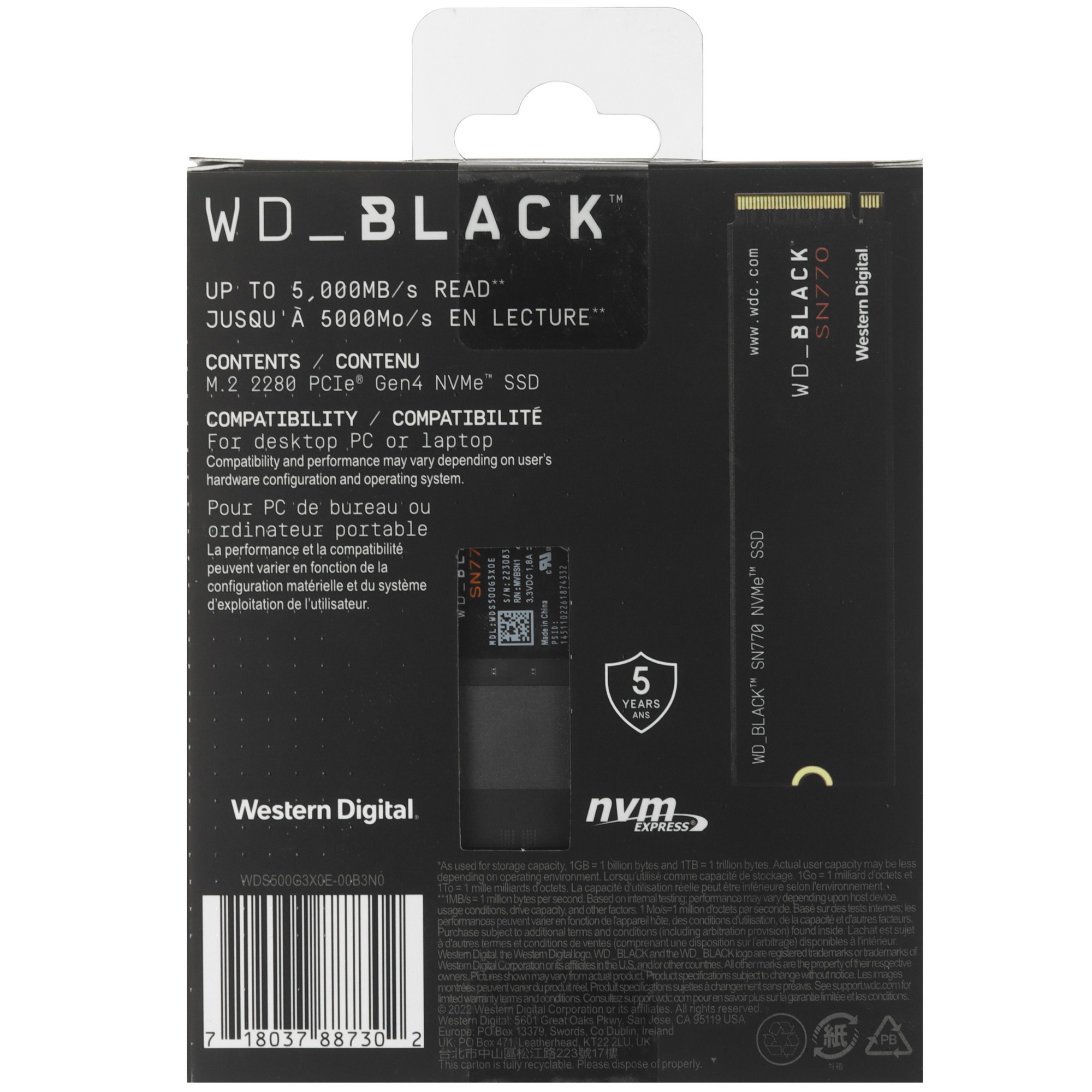 Накопитель SSD WD Black SN770 WDS500G3X0E, 500Gb, PCIe 4.0 x4, M.2 2280, NVMe, R/W 5000/4000