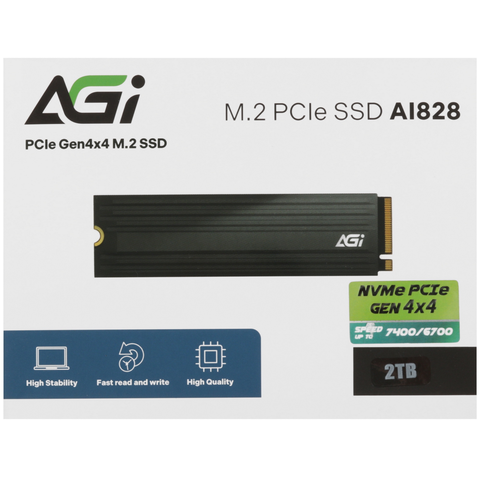 Накопитель SSD AGI AI828, 2Tb, PCIe 4.0 x4, M.2 2280, NVMe, R/W 7400/6700