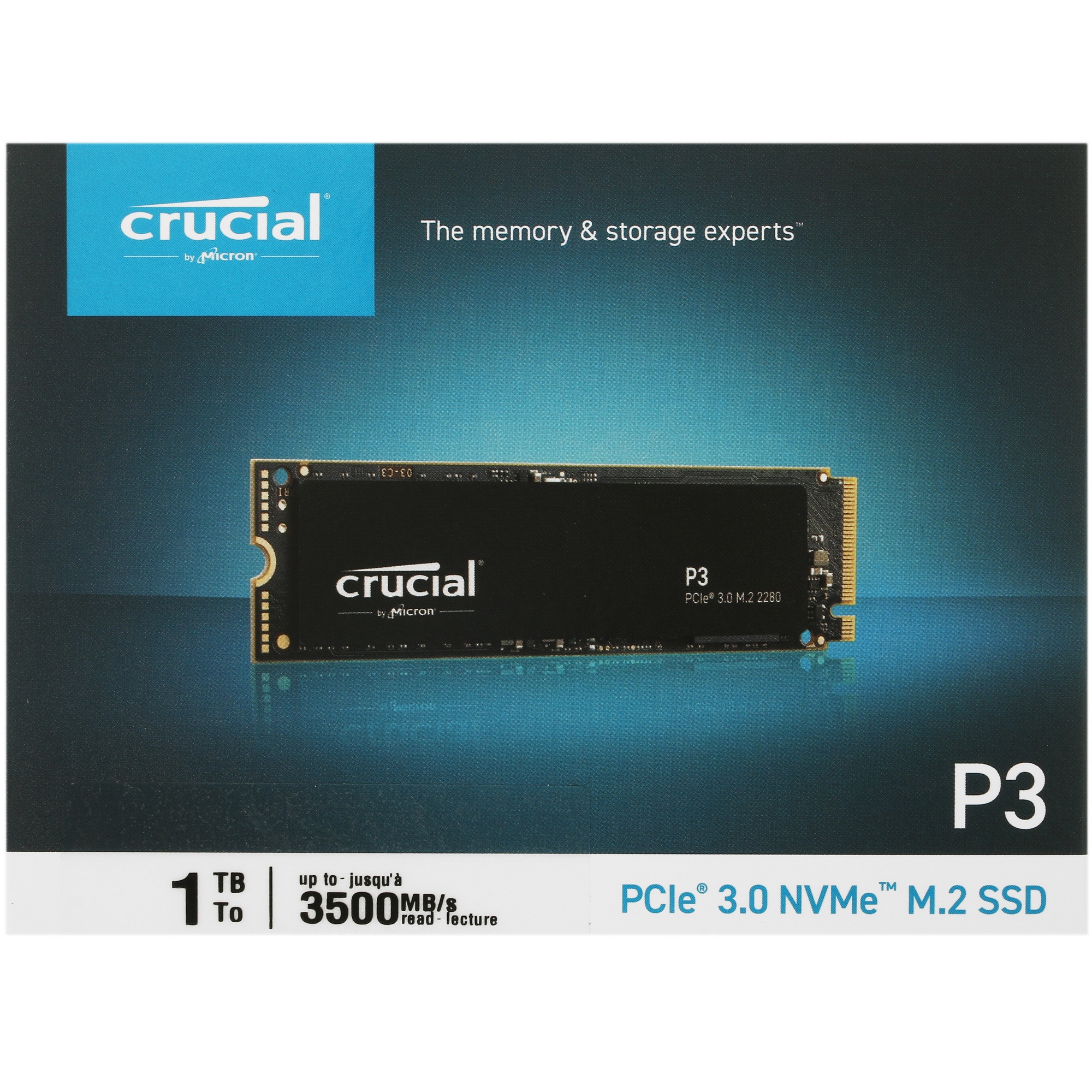 Накопитель SSD Crucial P3, 1Tb, M.2 2280, PCIe 3.0 x4, NVMe, R/W 3500/3000