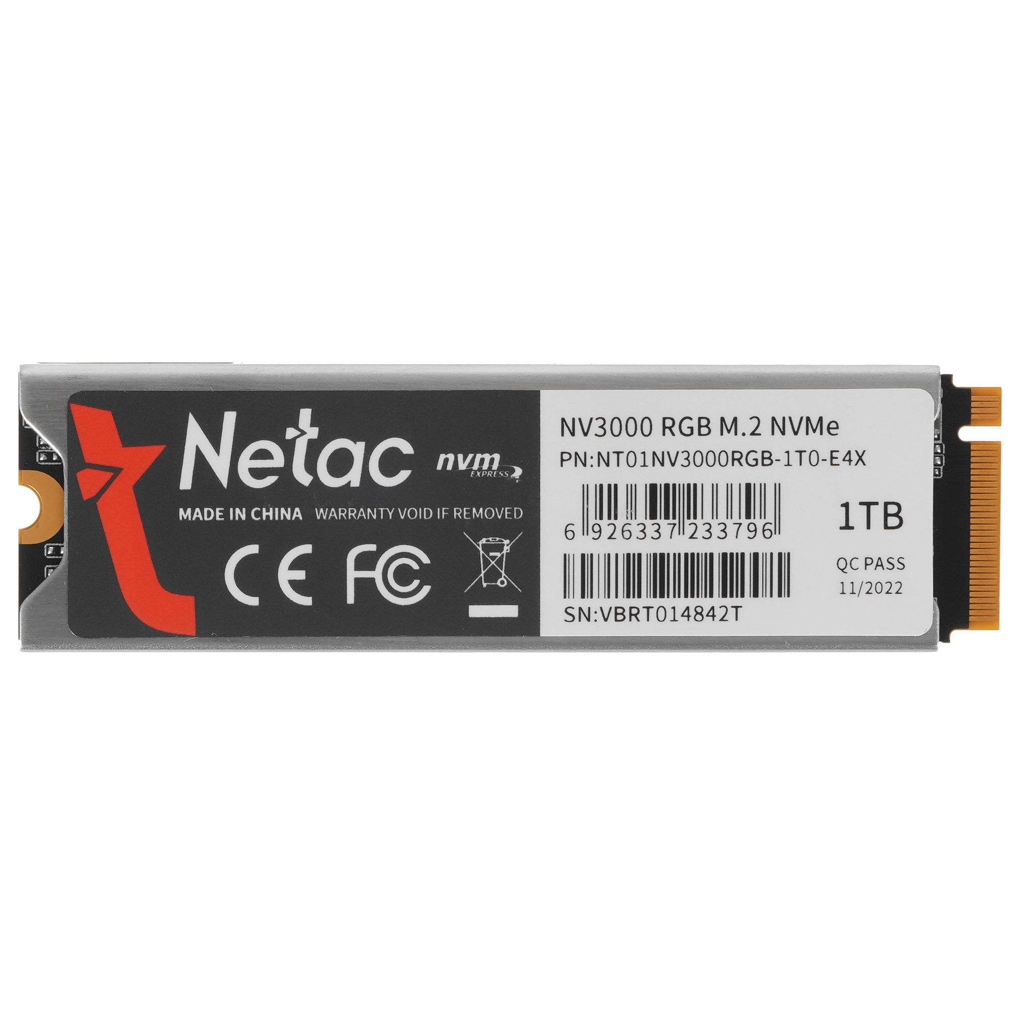 Накопитель SSD Netac NV3000 RGB, 1TB, PCIe 3.0 x4, M.2 2280, NVMe, R/W 3400/2000, с радиатором