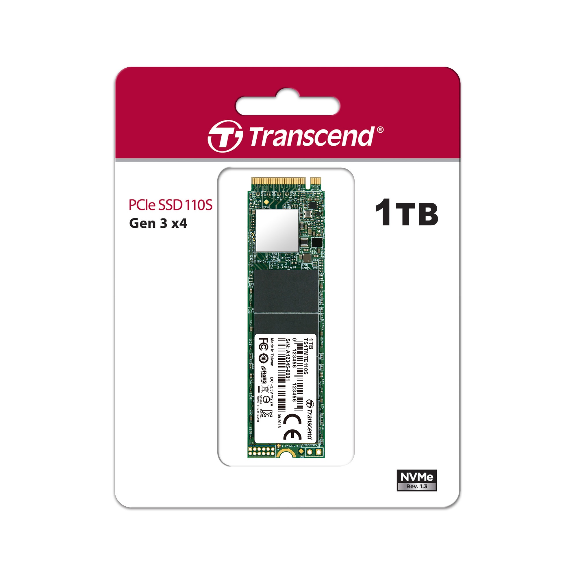 Накопитель SSD Transcend MTE110S, 1Tb, M.2 2280, PCIe 3.0 x4, NVMe, R/W 1700/1400