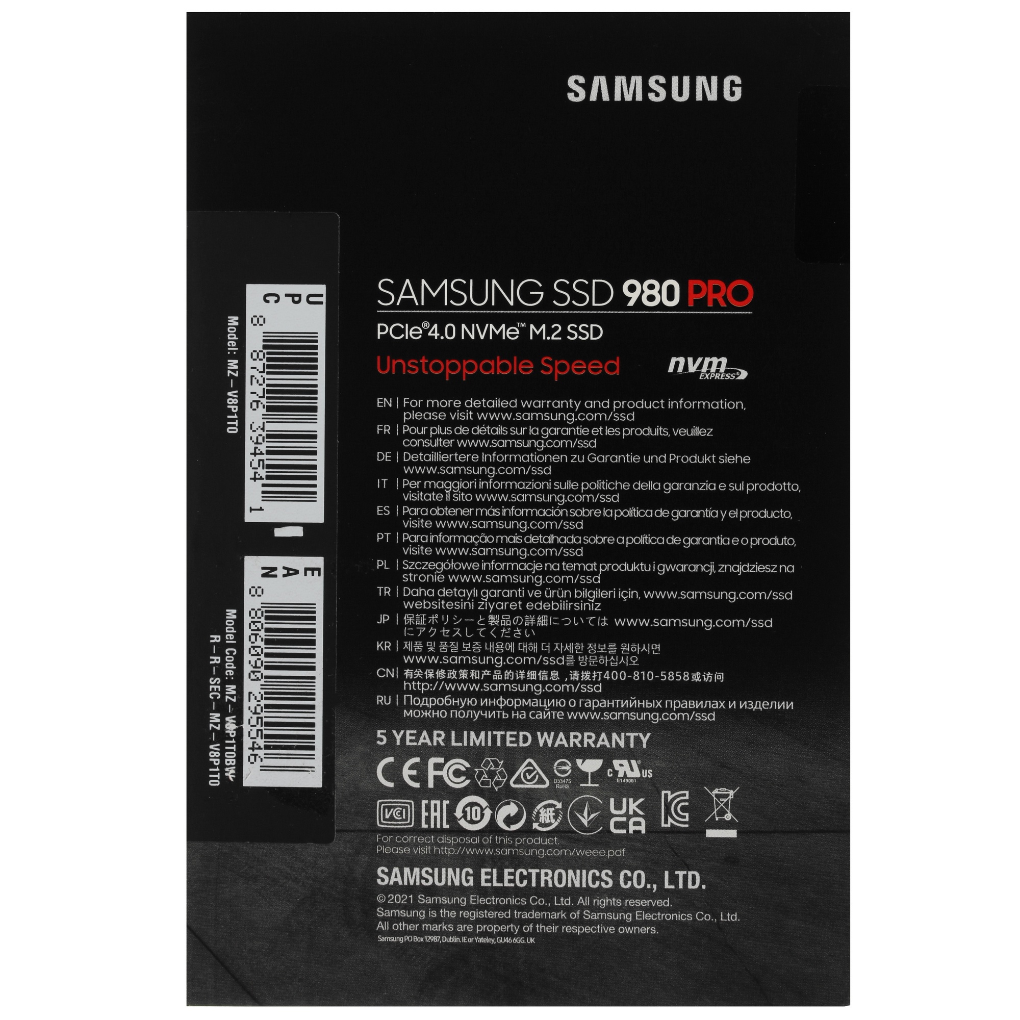 Накопитель SSD Samsung 980 PRO, 1TB, PCIe 4.0 x4, M.2 2280, NVMe, R/W 7000/5000