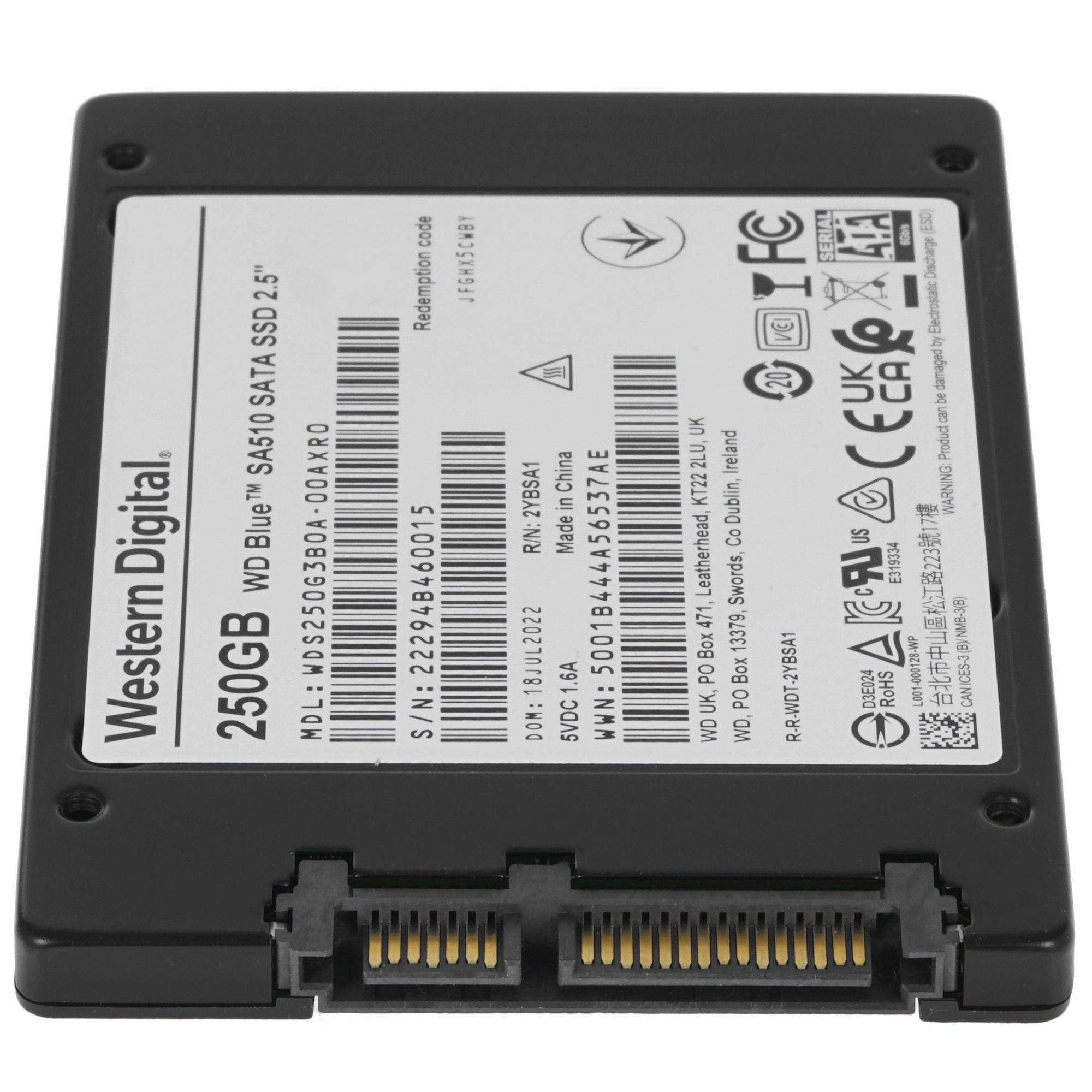 Накопитель SSD WD Blue SA510 WDS250G3B0A, 250GB, SATA III, 2.5", R/W 555/440
