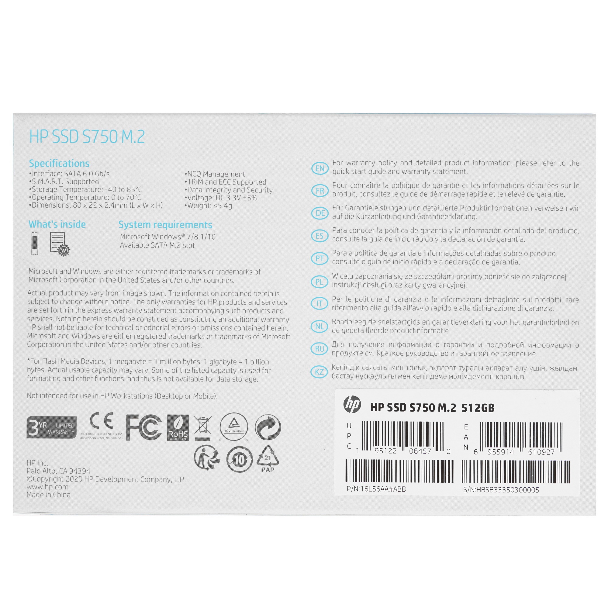 Твердотельный диск 512GB Hewlett-Packard S750 2.5", SATA III, 3D TLC [R/W - 560/520 MB/s]