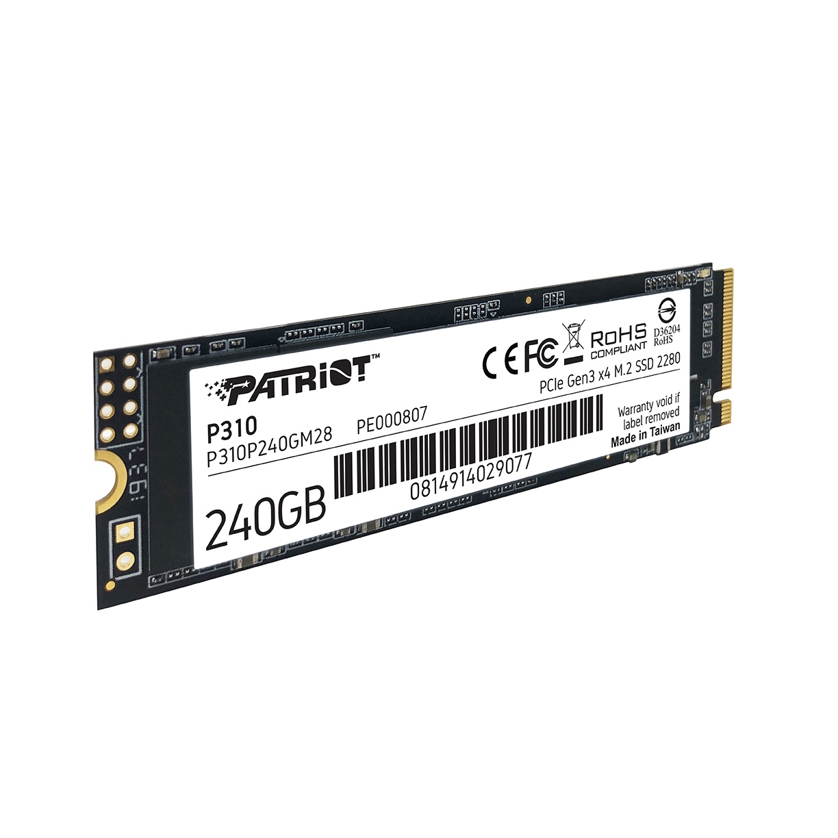 Накопитель SSD Patriot P310, 240GB, PCIe 3.0 x4, M.2 2280, NVMe, R/W 1700/1000