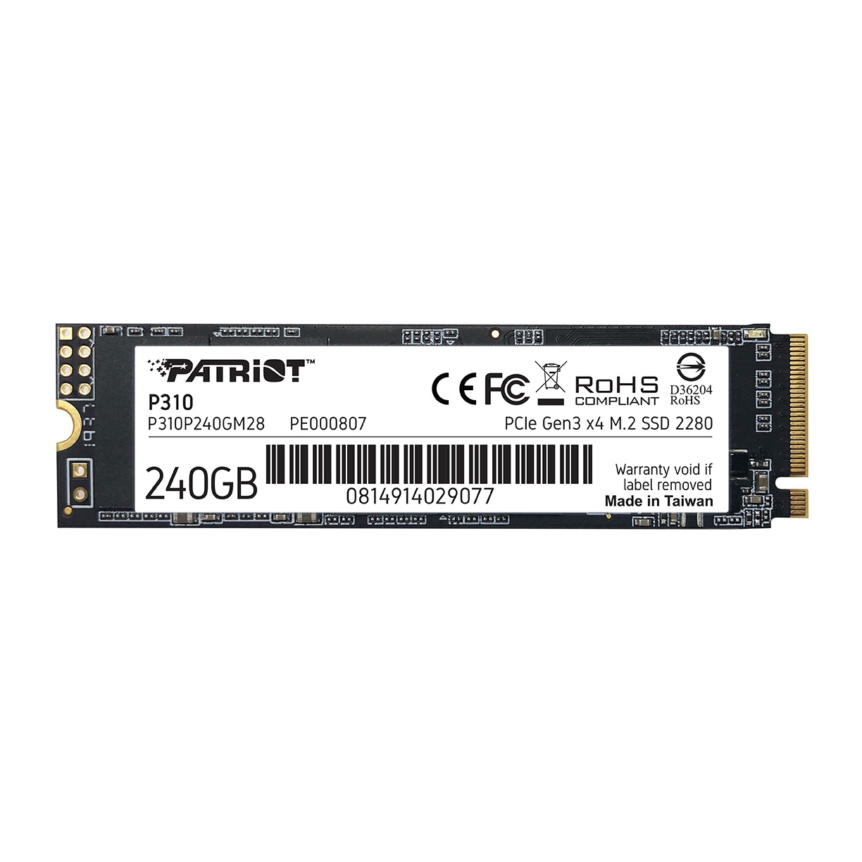 Накопитель SSD Patriot P310, 240GB, PCIe 3.0 x4, M.2 2280, NVMe, R/W 1700/1000