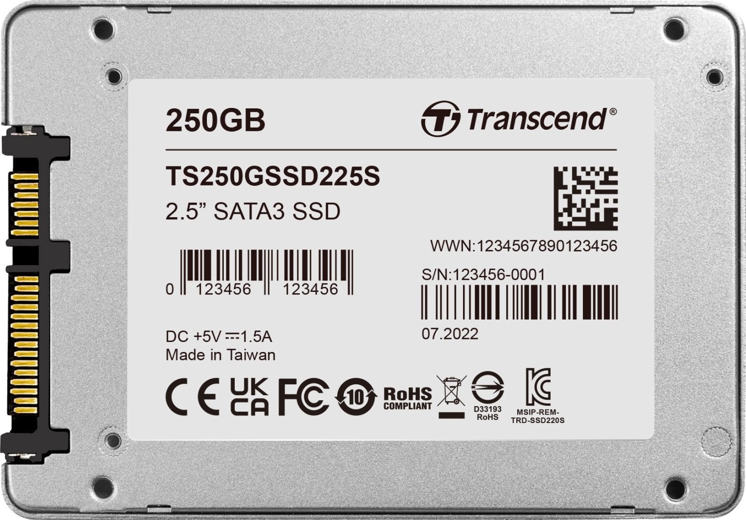 Накопитель SSD 2.5" Transcend 250Gb SSD225S  (SATA3, up to 500/330Mbs, 3D NAND, 90TBW