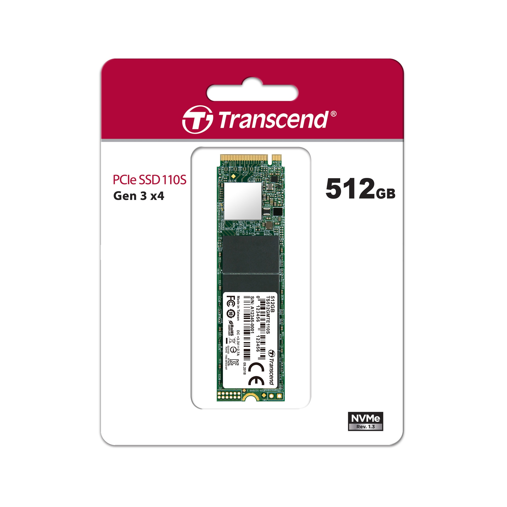 Накопитель SSD Transcend MTE110S, 512GB, M.2 2280, PCIe 3.0 x4, NVMe, R/W 1800/1500