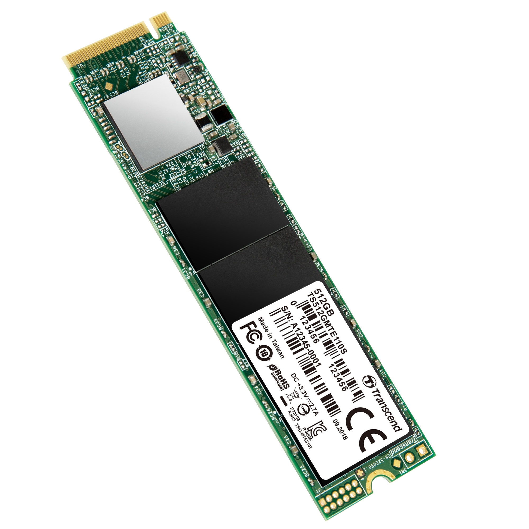 Накопитель SSD Transcend MTE110S, 512GB, M.2 2280, PCIe 3.0 x4, NVMe, R/W 1800/1500