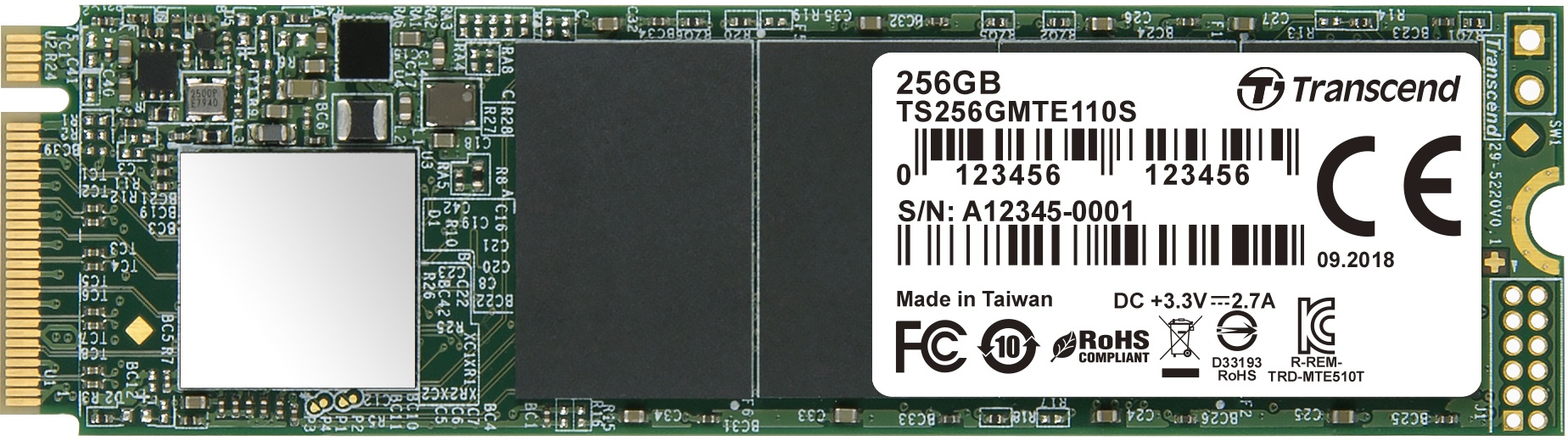 Накопитель SSD 256GB Transcend MTE110S, 3D TLC NAND, M.2 2280,PCIe Gen3x4, DRAM-less