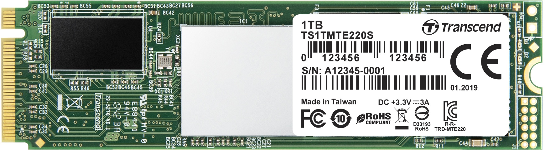 Накопитель SSD Transcend MTE220S SSD 1TB, 3D TLC, M.2 (2280), PCIe Gen 3.0 x4, NVMe, R3400/W1900, TB