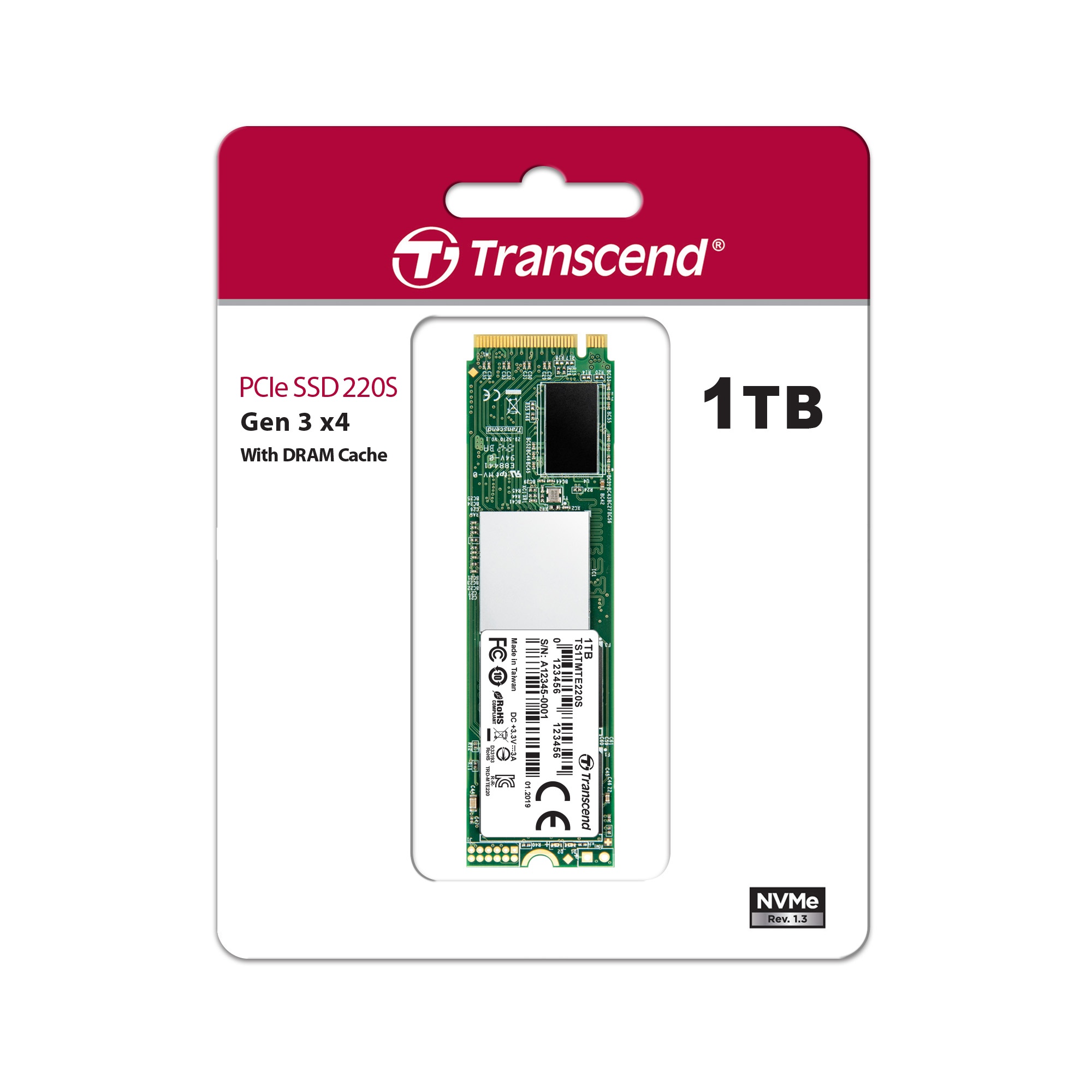 Накопитель SSD Transcend MTE220S SSD 1TB, 3D TLC, M.2 (2280), PCIe Gen 3.0 x4, NVMe, R3400/W1900, TB