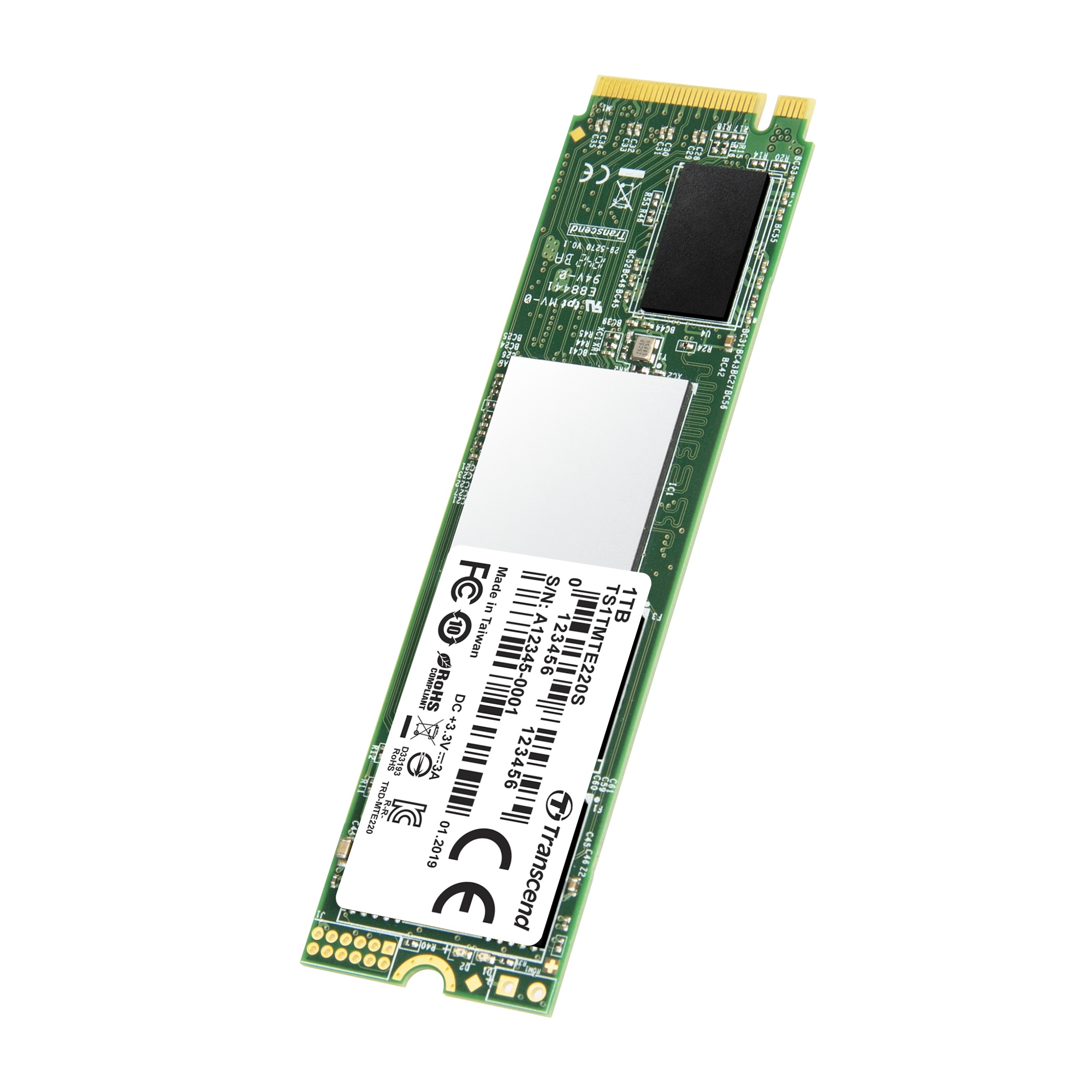 Накопитель SSD Transcend MTE220S SSD 1TB, 3D TLC, M.2 (2280), PCIe Gen 3.0 x4, NVMe, R3400/W1900, TB