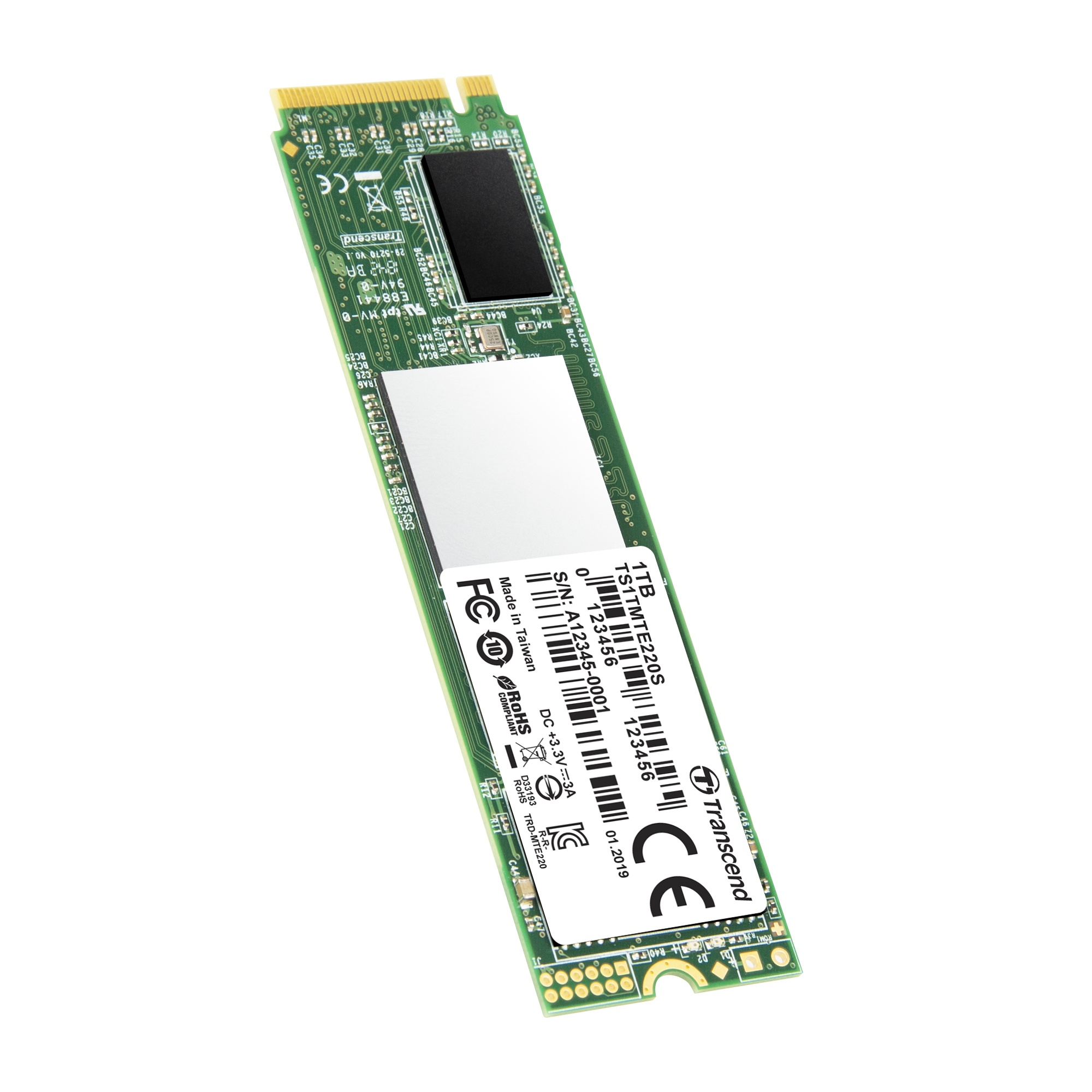 Накопитель SSD Transcend MTE220S SSD 1TB, 3D TLC, M.2 (2280), PCIe Gen 3.0 x4, NVMe, R3400/W1900, TB