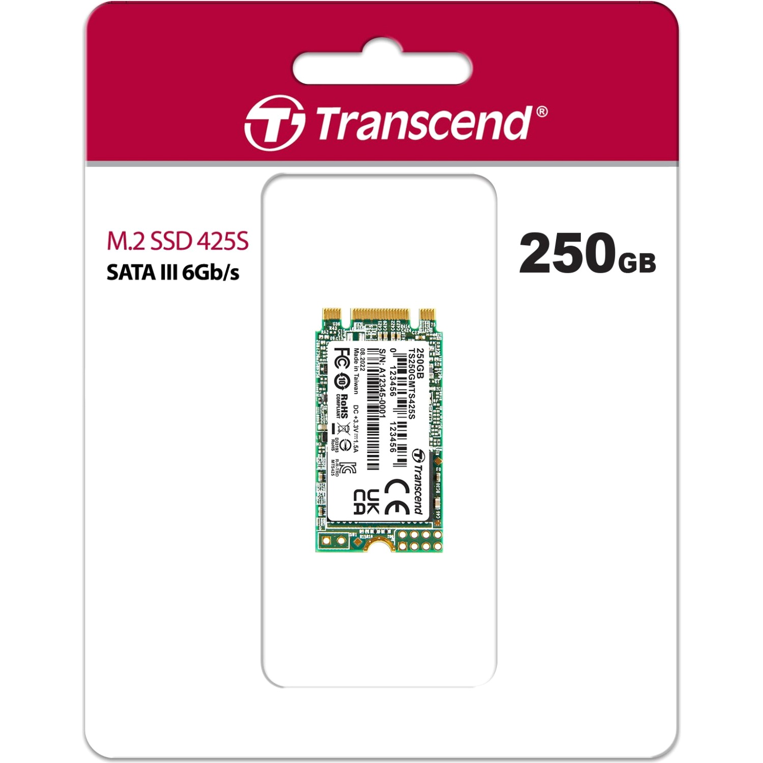 Накопитель SSD M.2 Transcend 250Gb MTS425 TS250GMTS425S (SATA3, up to 500/330MBs, 3D NAND, 90TBW, 22